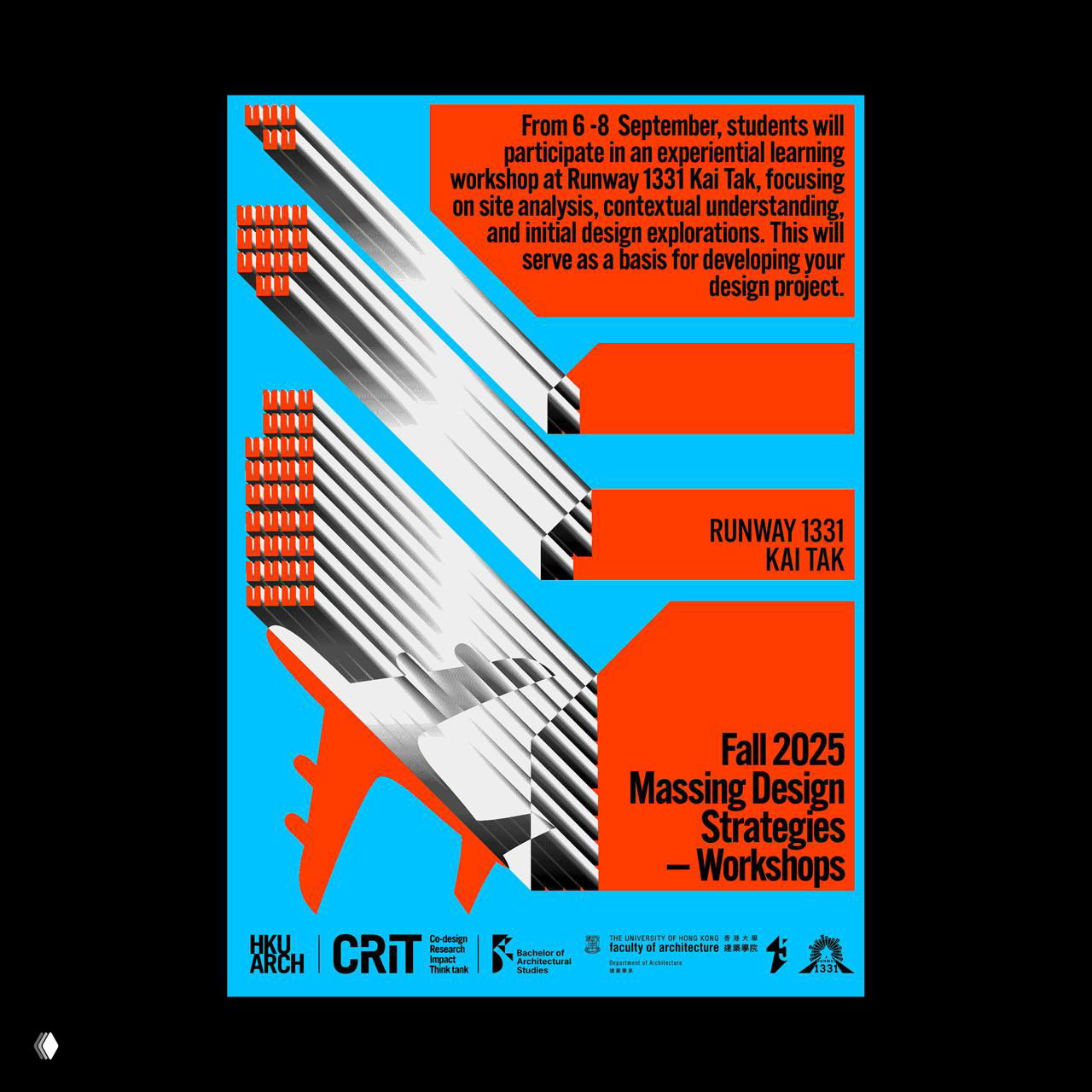 Синий и оранжево-голубой постер с диагональной иллюстрацией самолёта и блоками текста о воркшопе Runway 1331 Kai Tak, яркая контрастная палитра.