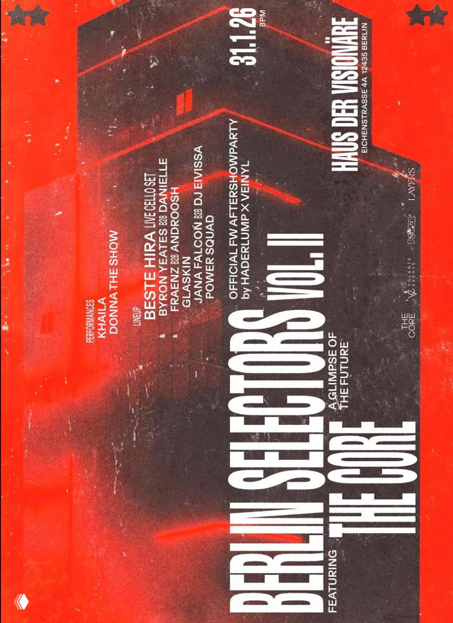 Ярко‑красный вертикальный постер с крупной белой вертикальной типографикой «Berlin Selectors», потертости и динамическая фактура