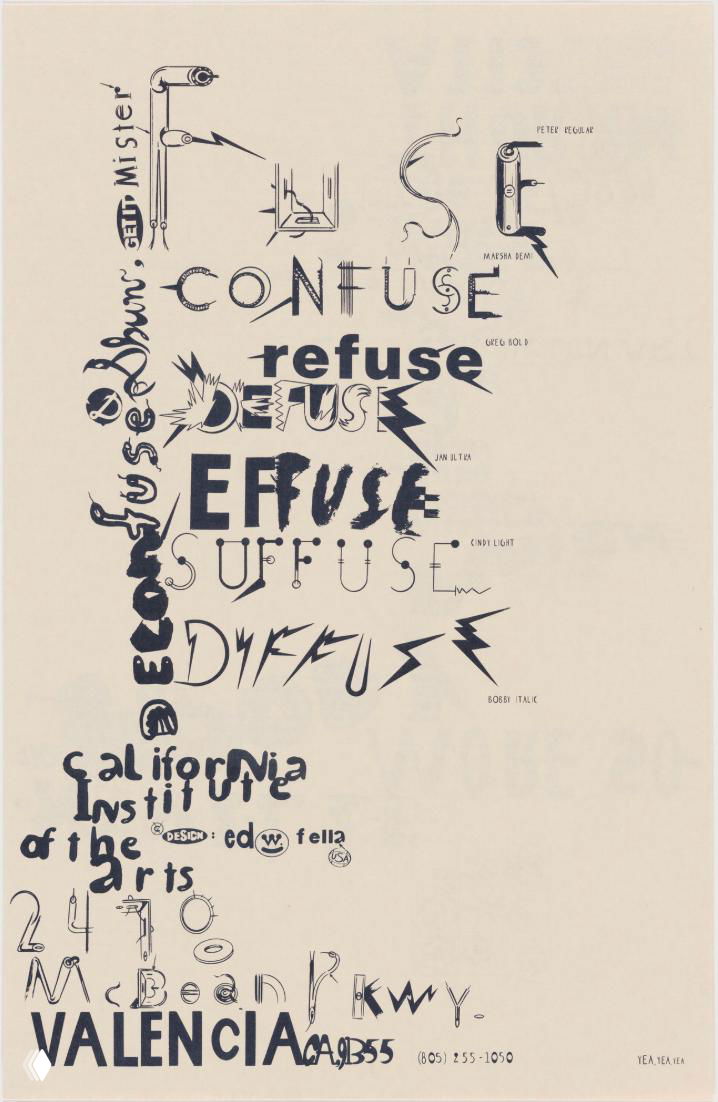 Черно‑белый постер с повторяющимися словами и разными начертаниями букв; композиция выглядит хаотичной, но продуманно собрана в стиле постмодерн Феллы.