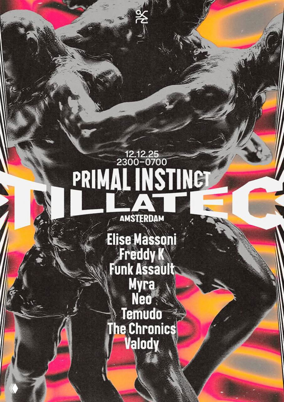 Монохромный постер с рельефными скульптурными фигурами на фоне неоновых абстрактных разводов; насыщенные цвета и слоистая композиция