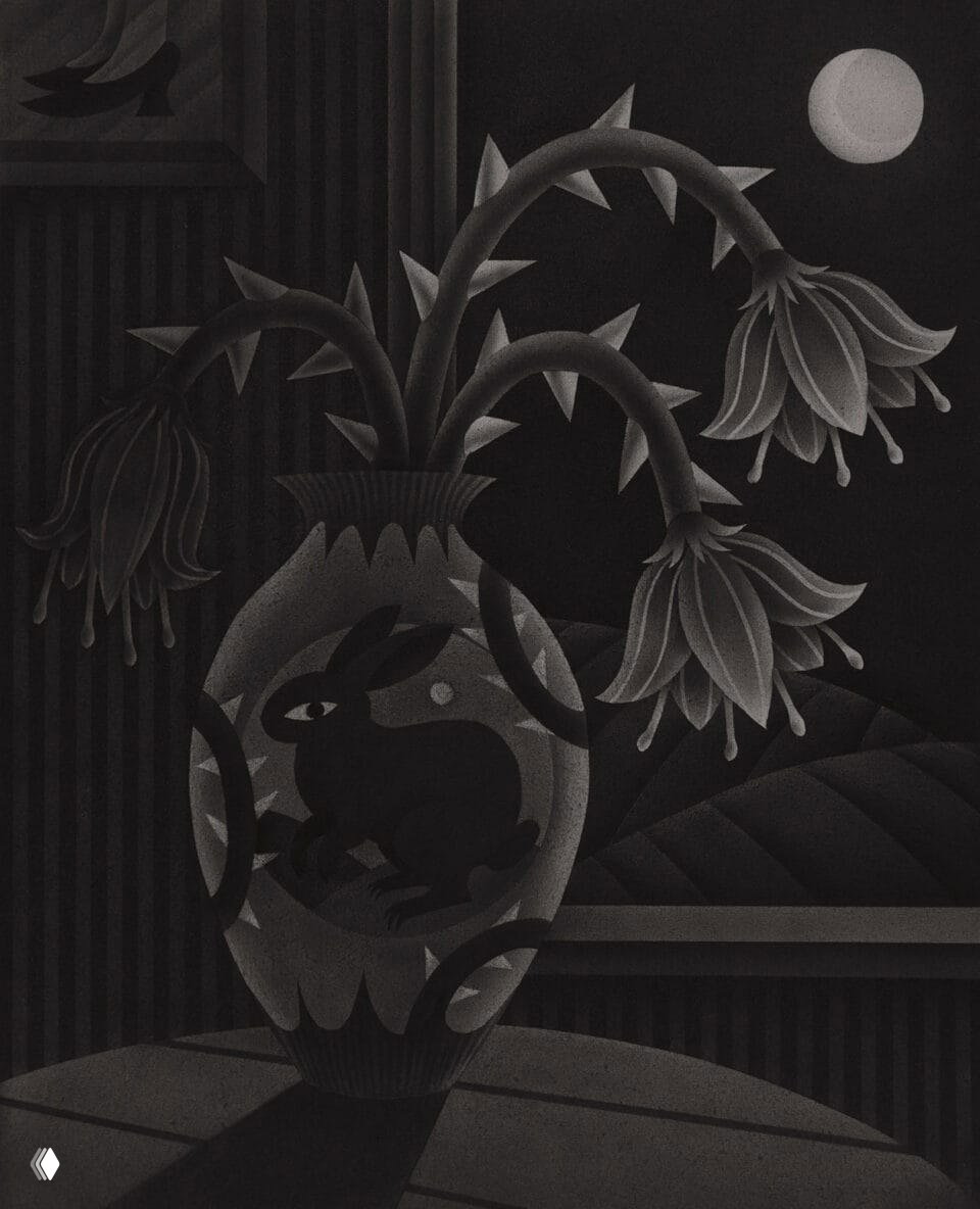 Ваза с увядающими цветами и стилизованным рисунком кролика; ночное окно и луна на заднем плане, деликатные градиенты аэрографии подчёркивают фактуру и холодный свет.