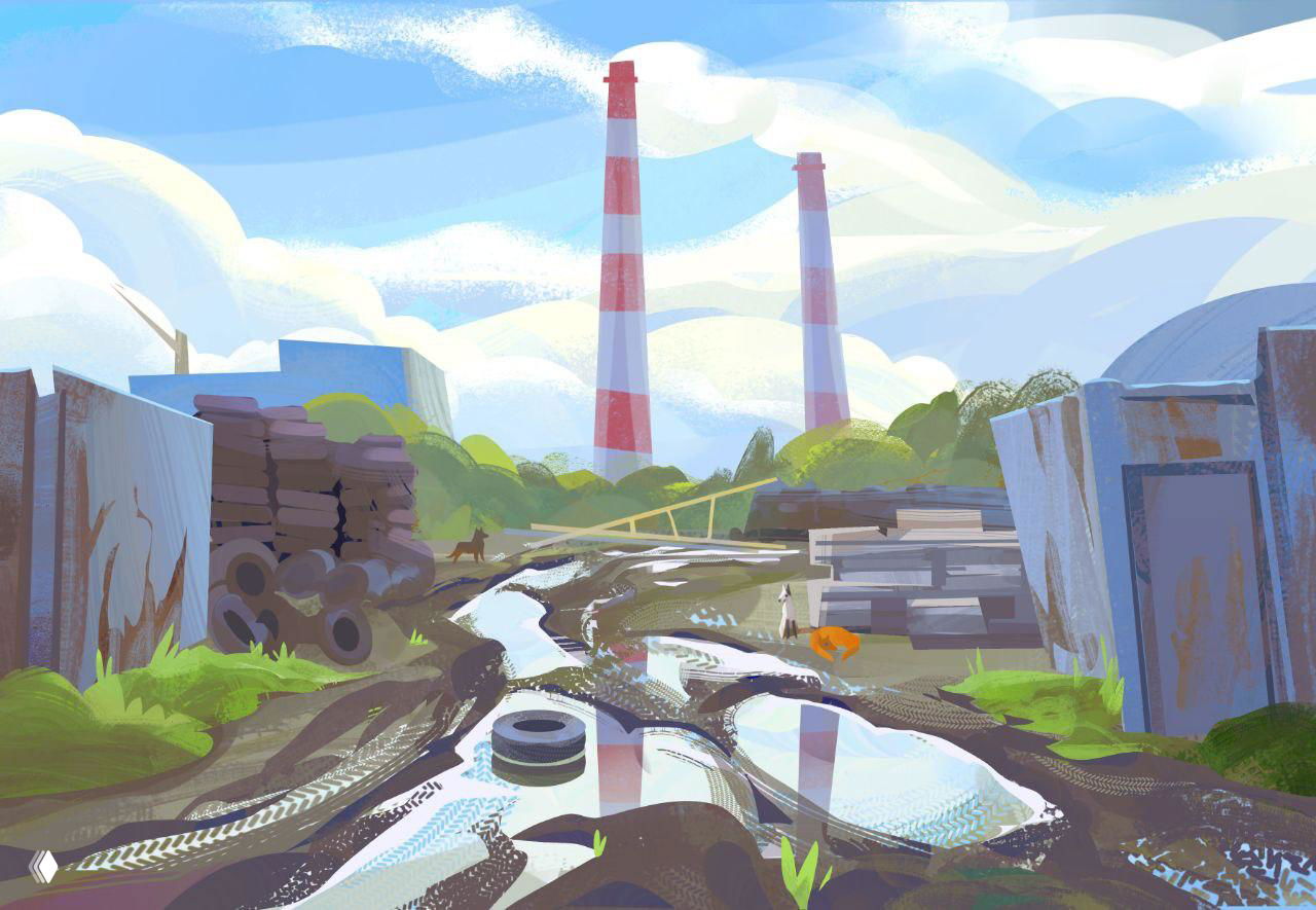 Промышленный пейзаж у заводских труб и луж с отражениями: грубые текстуры, шинные следы и спокойная летняя неброская палитра.