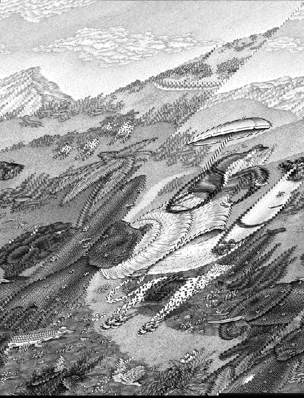 Монохромная сюрреалистическая сцена: путешествие на гигантской улитке с детализированной текстурой панорамы и экзотическими животными на фоне гор.