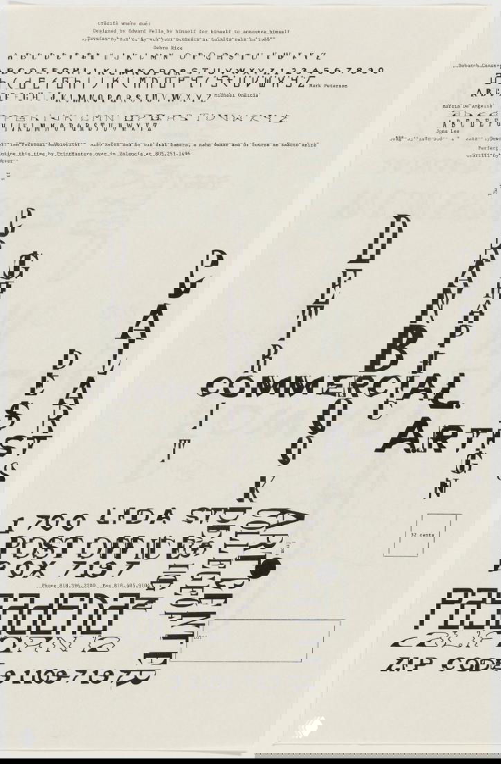 Типографический коллаж Эдварда Феллы: вертикальные столбцы букв, разноуровневые шрифты и декоративные элементы на нейтральном фоне, используемые для галерейных афиш.