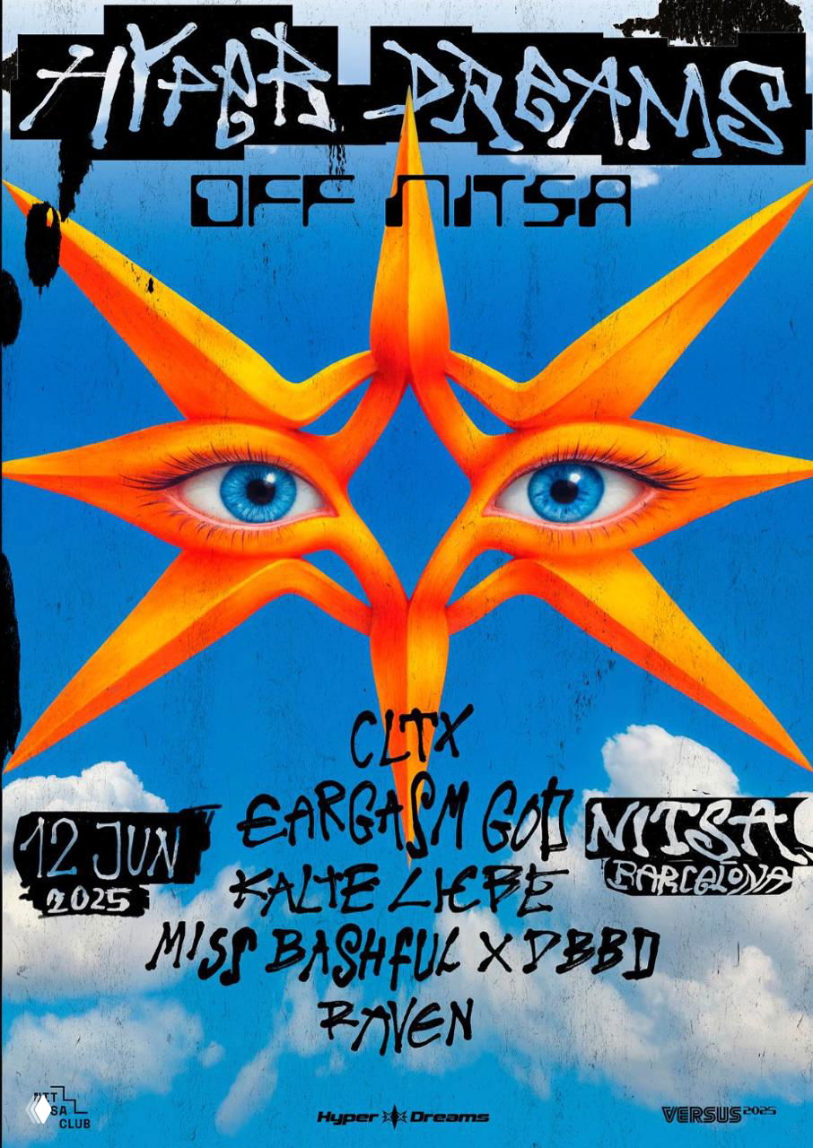 Постер на голубом фоне с оранжевой звёздообразной графикой и глазами, рукописные названия артистов и коллажная композиция