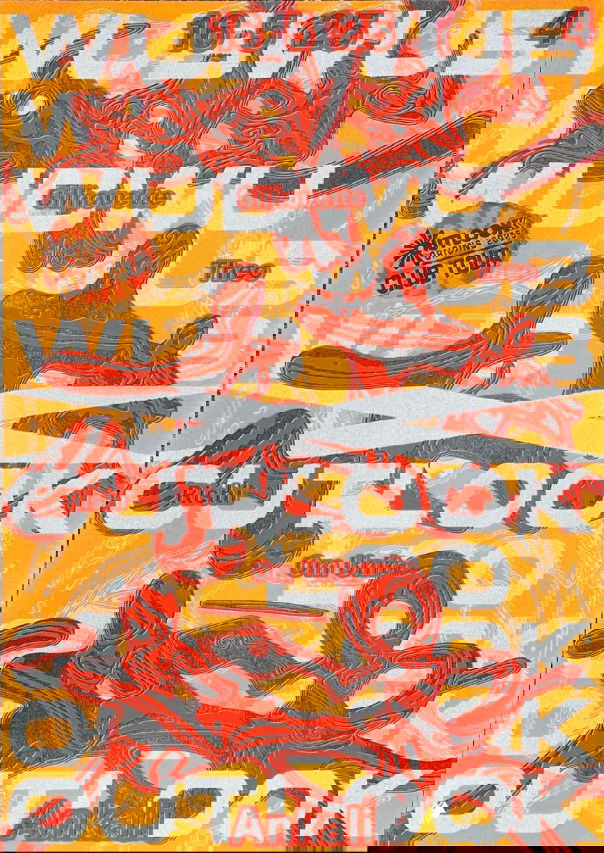 Оранжево‑красный постер с абстрактными мраморными формами и наложенным текстом «OUTLOOK», насыщенная палитра и искажения