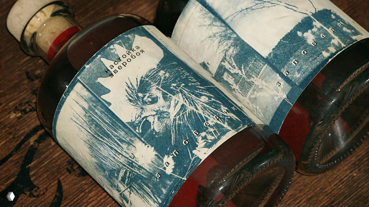 Крупный план двух бутылок с растительными иллюстрациями на этикетках в стиле цианотипии и рустикальным шрифтом «заповедник».