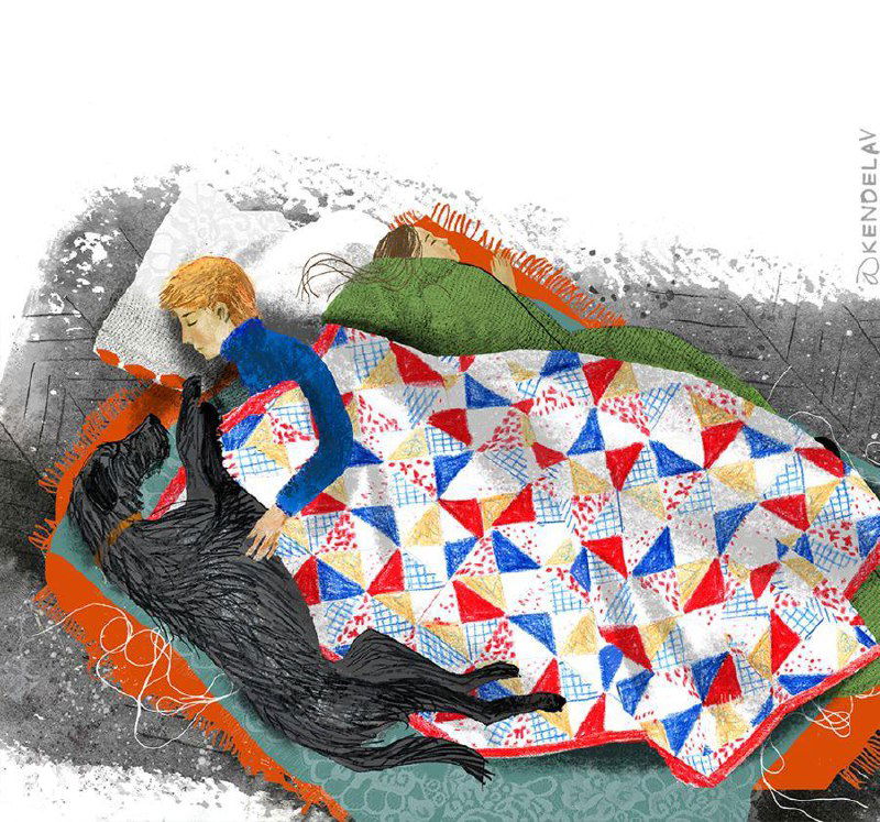 Иллюстрация с плотной фактурой и цветными геометрическими вставками, зимний мотив в коллажной манере от Анны и Варвары Кендель, источник Behance.