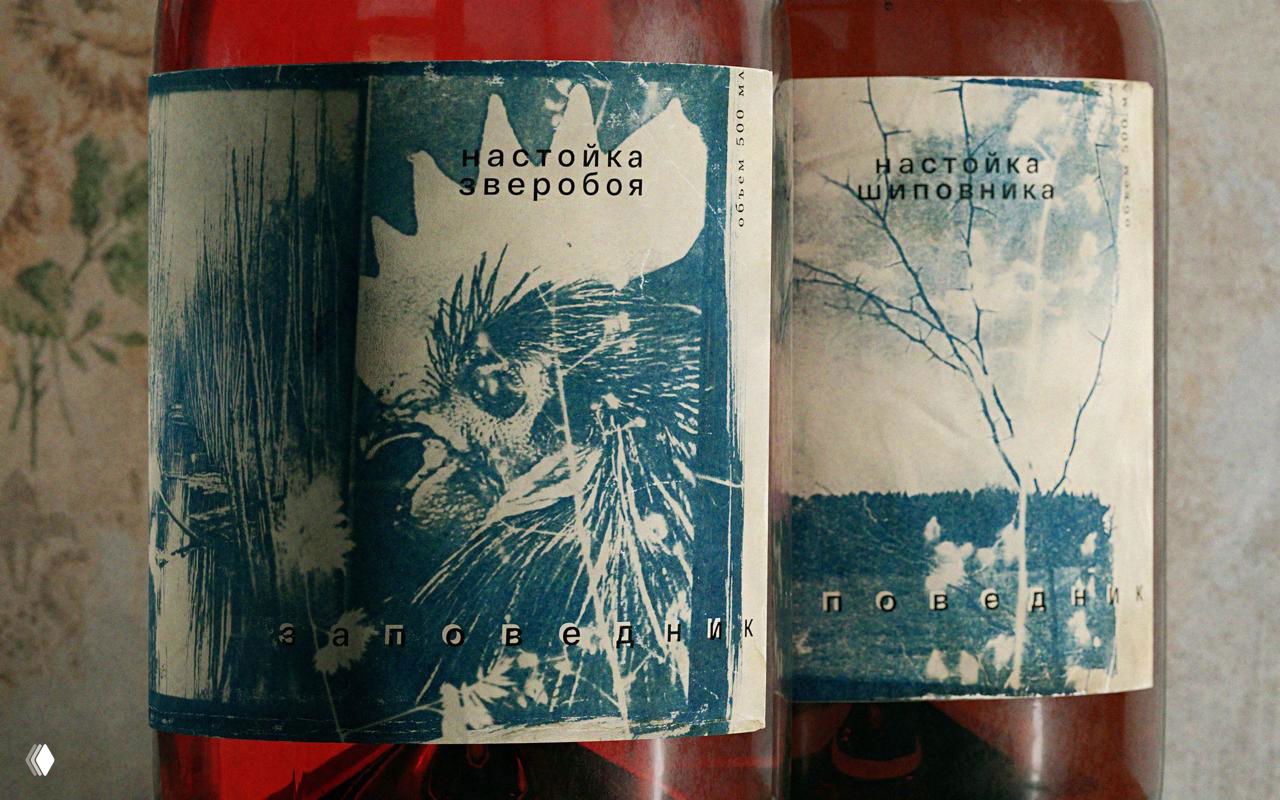 Крупный план этикеток с надписями «настойка зверобоя» и «настойка шиповника», печатная текстура и оттиски трав видны отчетливо.