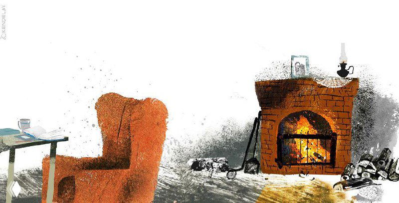 Минималистичная страница с большим белым полем, мелкими акцентами и следами — книжная иллюстрация Кендель с ощущением простора и тишины зимы.