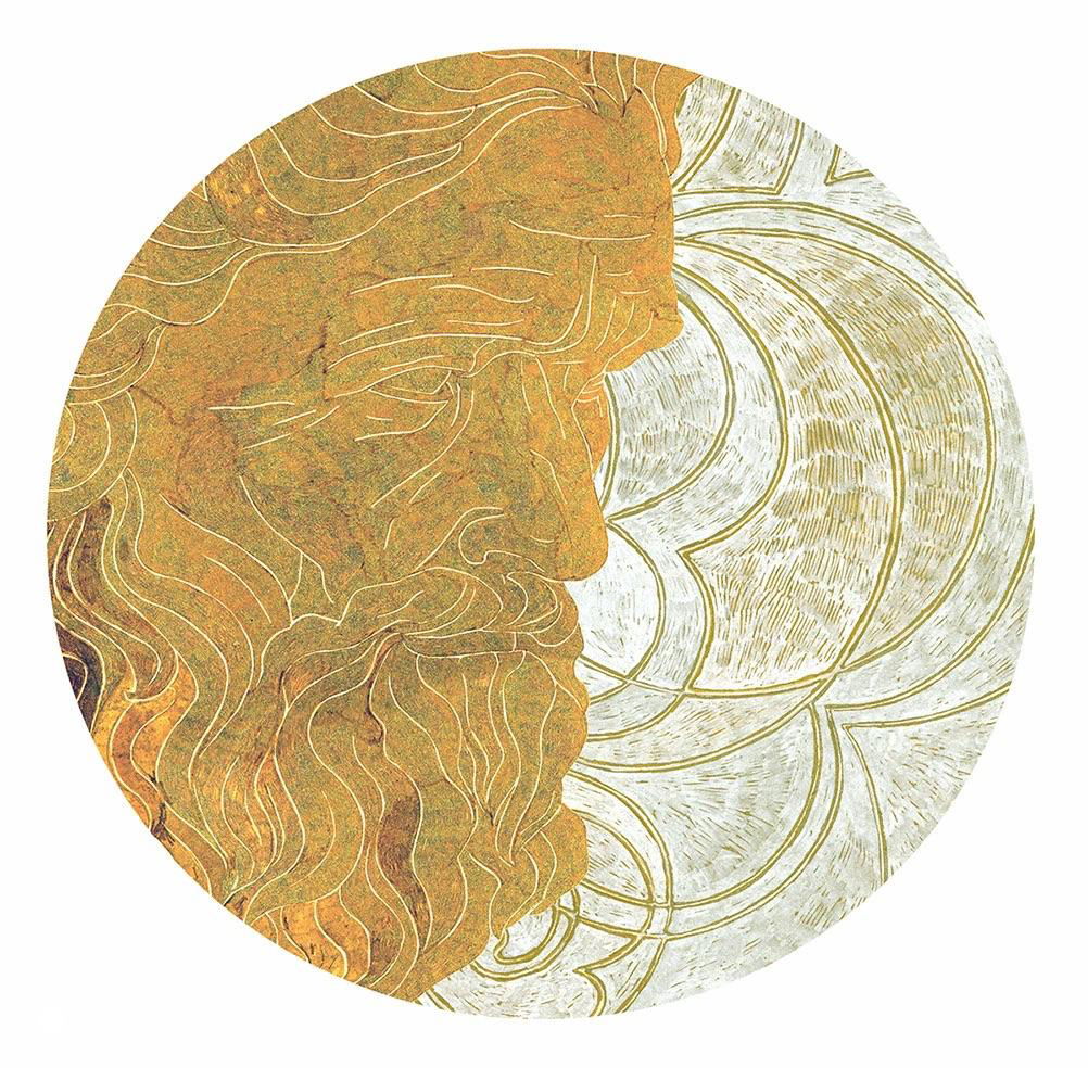 Круглая иллюстрация в золотых тонах с профильным изображением лица: детализированные штрихи и фактурная работа вручную, контурные линии на светлом фоне.