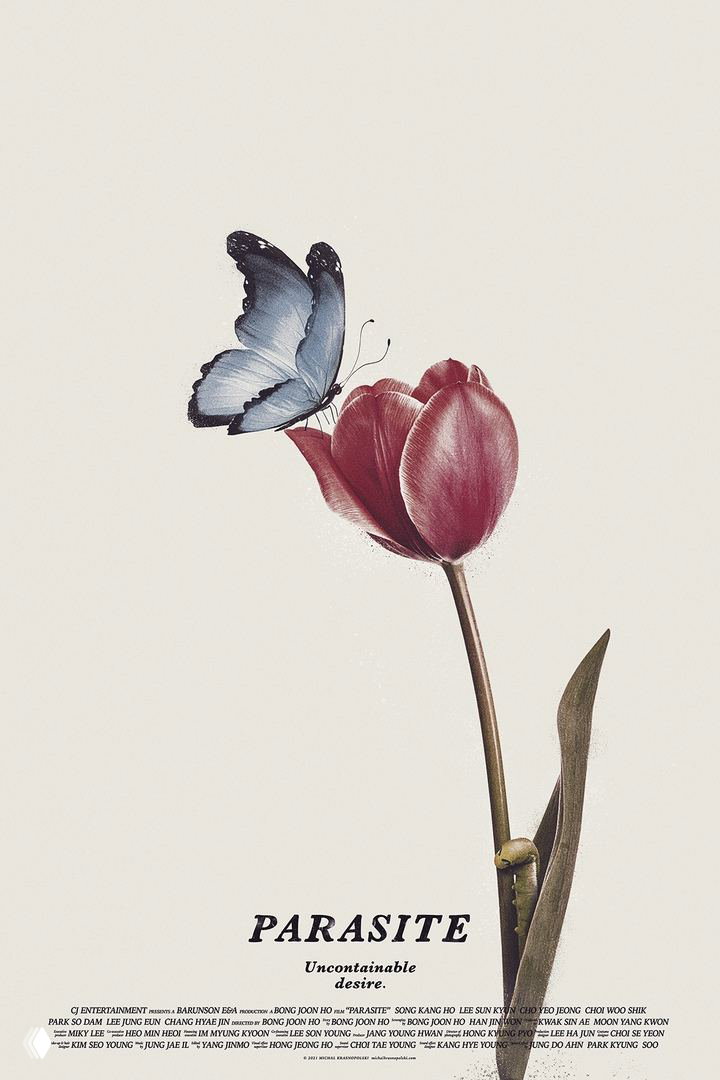 Постер «Parasite»: нежный тюльпан и бабочка на светлом фоне, минималистичная композиция с тонкой фактурой и винтажной типографикой.