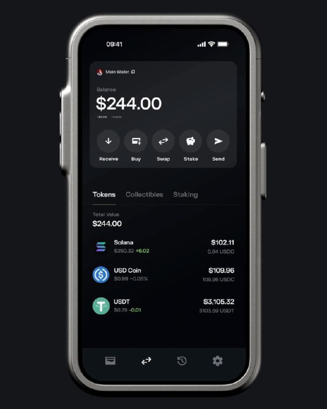 Крупный план тёмного интерфейса мобильного приложения Solflare с перечнём токенов и балансом, демонстрация UX‑элементов кошелька.