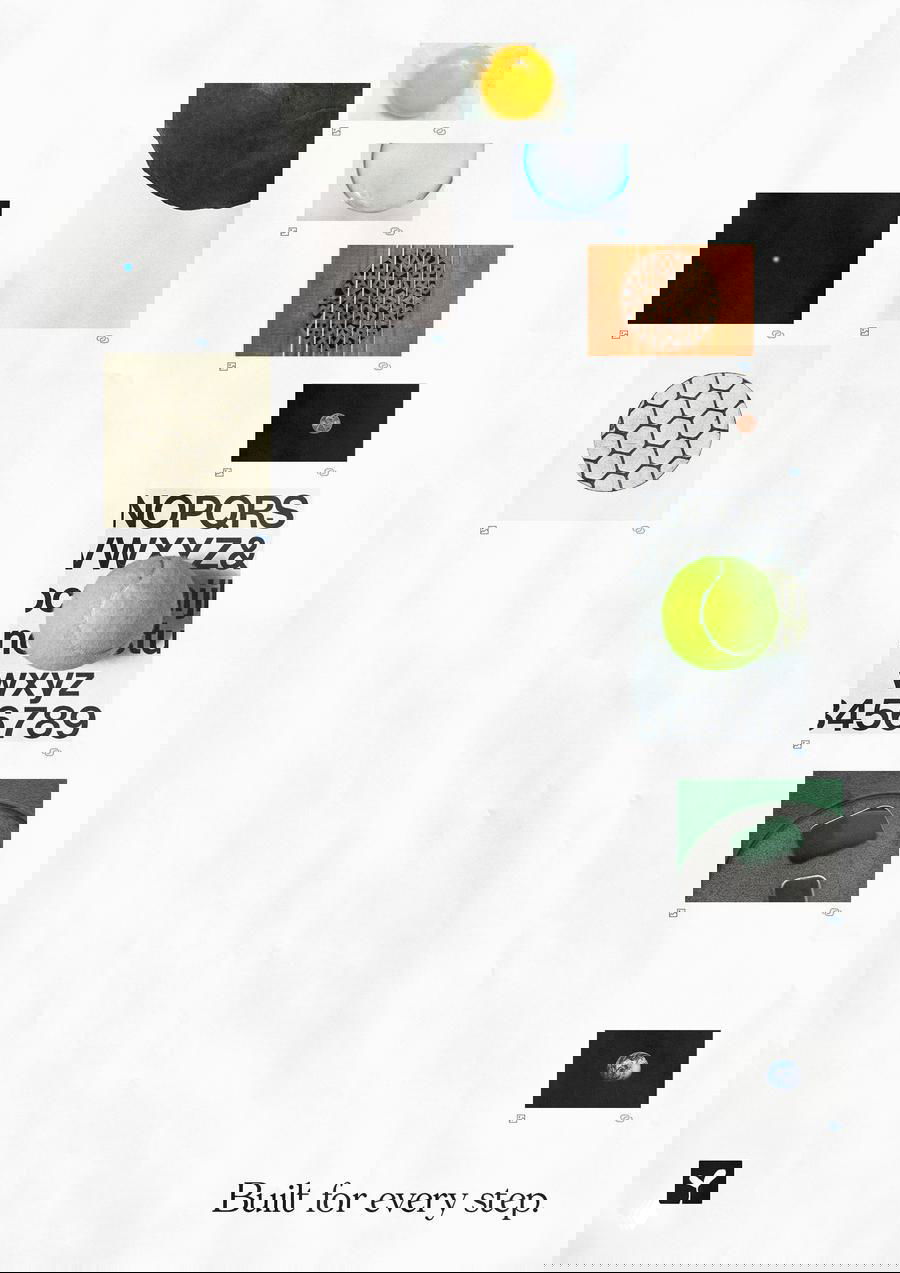 Разворот с белым фоновым холстом и рядами миниатюрных изображений: коллажи, текстовые блоки и заметный зелёный шар как визуальный акцент.