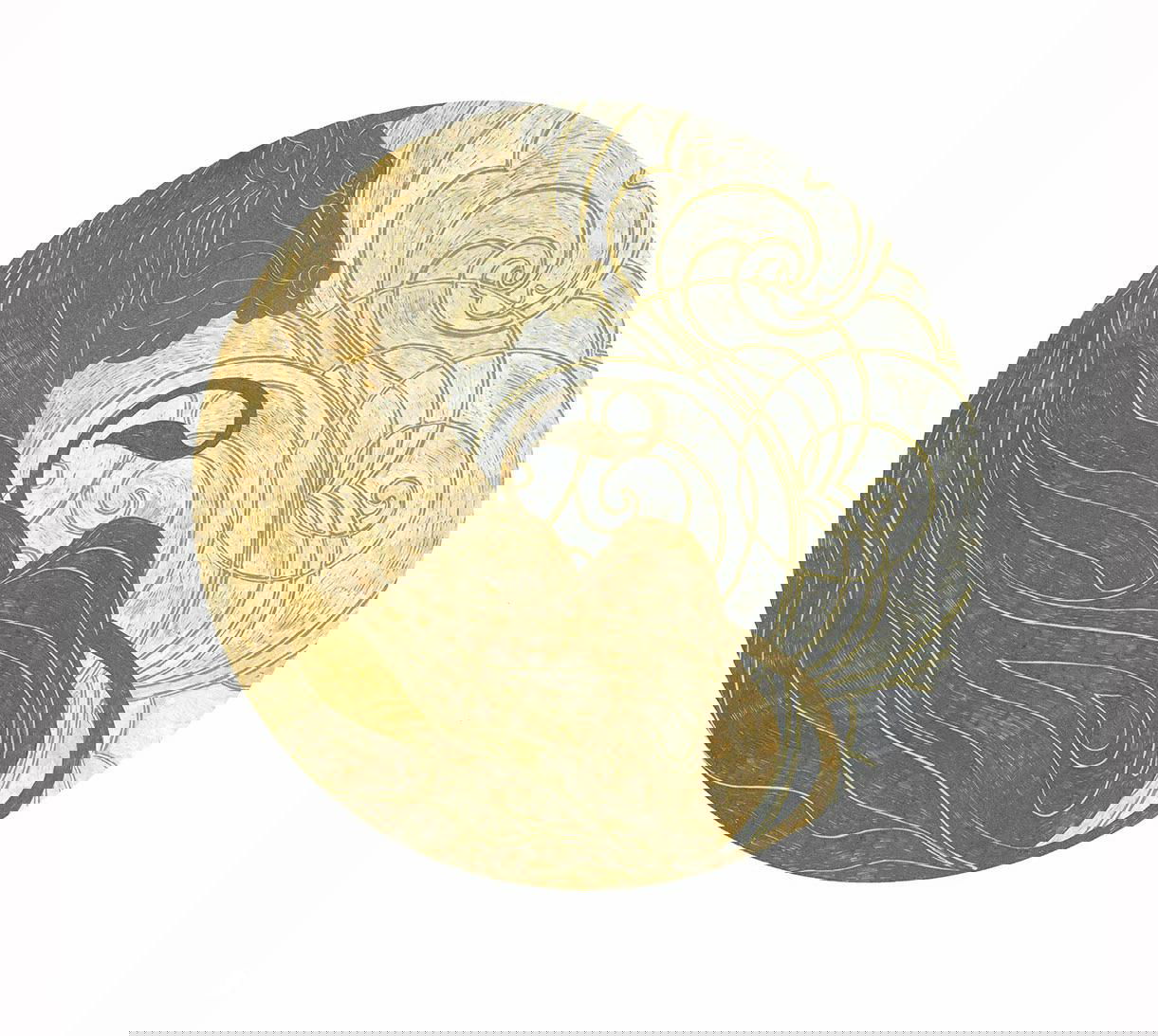 Круглая иллюстрация козообразного животного, составленная из перетекающих форм и золотых штрихов, контурные линии создают ощущение движения шерсти.