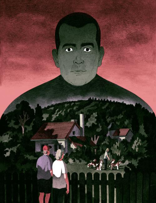 Портрет мужчины на фоне пейзажа поселка; тёмная фигура с выражением лица и стилизованный фон создают таинственную атмосферу осени.