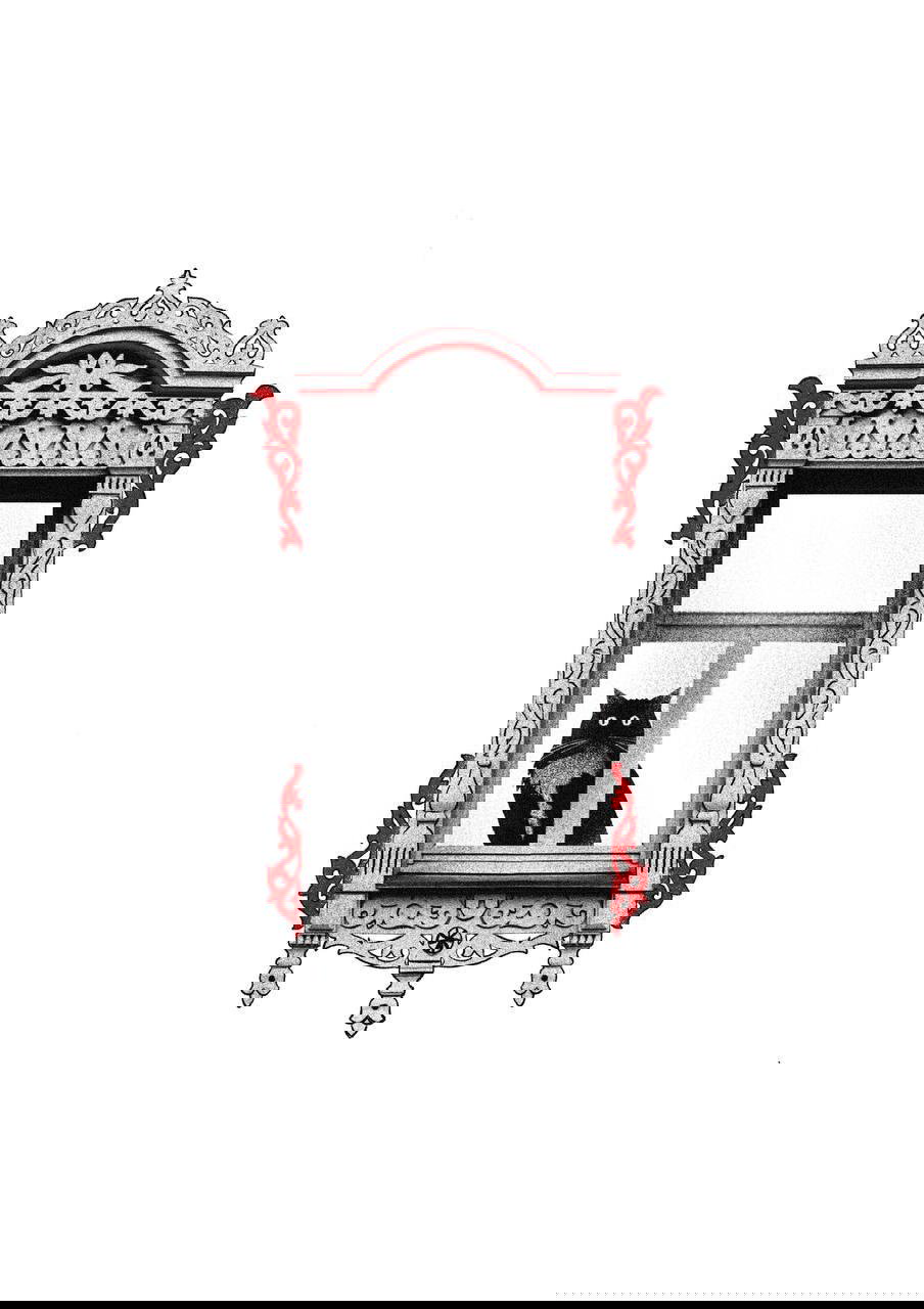 Эскиз с котом в окне, украшенном резной наличной рамой с узорами; чёрно‑белая графика с красными акцентами в деталях, фольклорная атмосфера