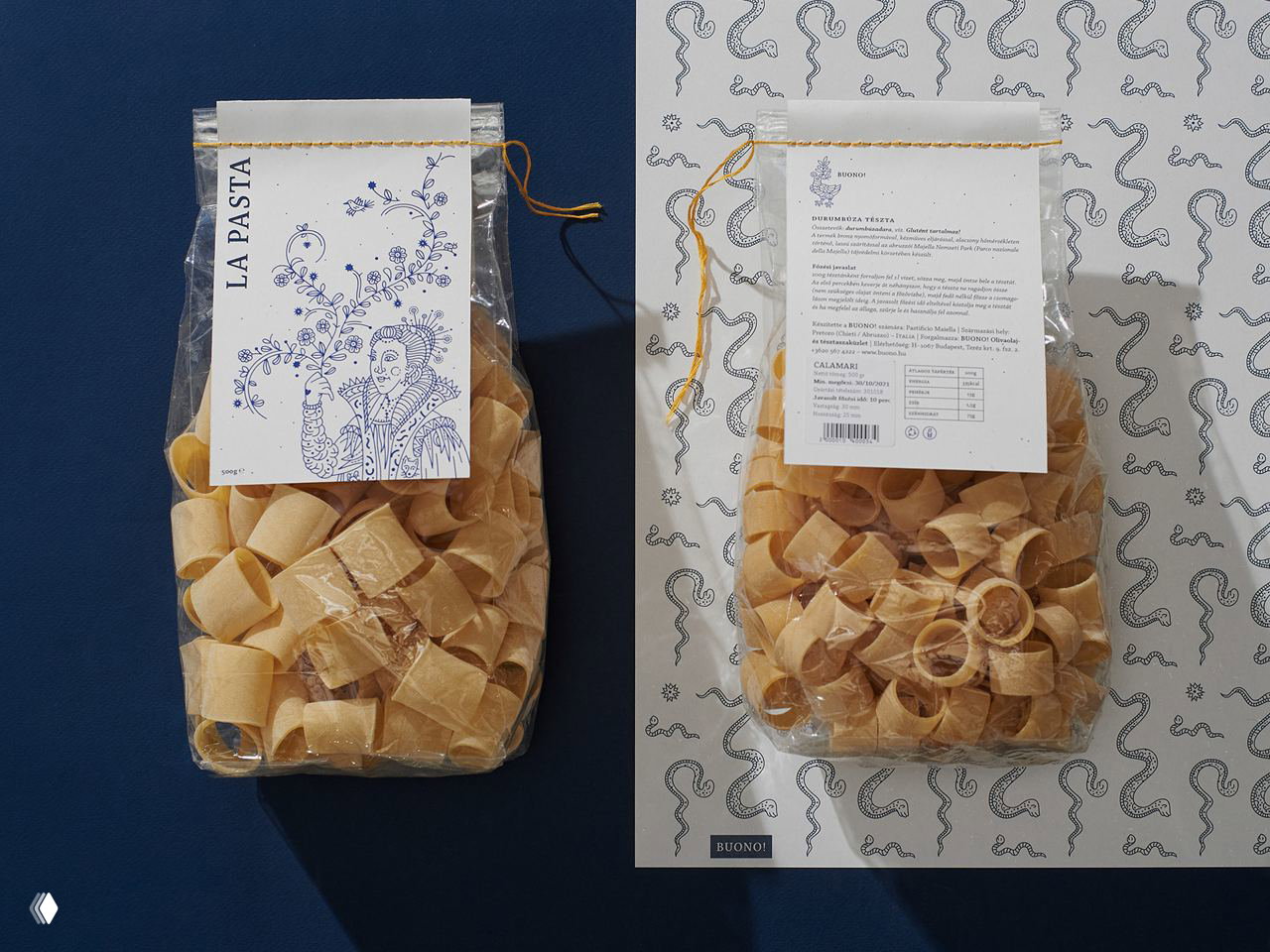 Две прозрачные упаковки пасты на синем фоне с бумажными ярлыками и тонкой линейной иллюстрацией — пример этикетки и паттерна бренда Buono.