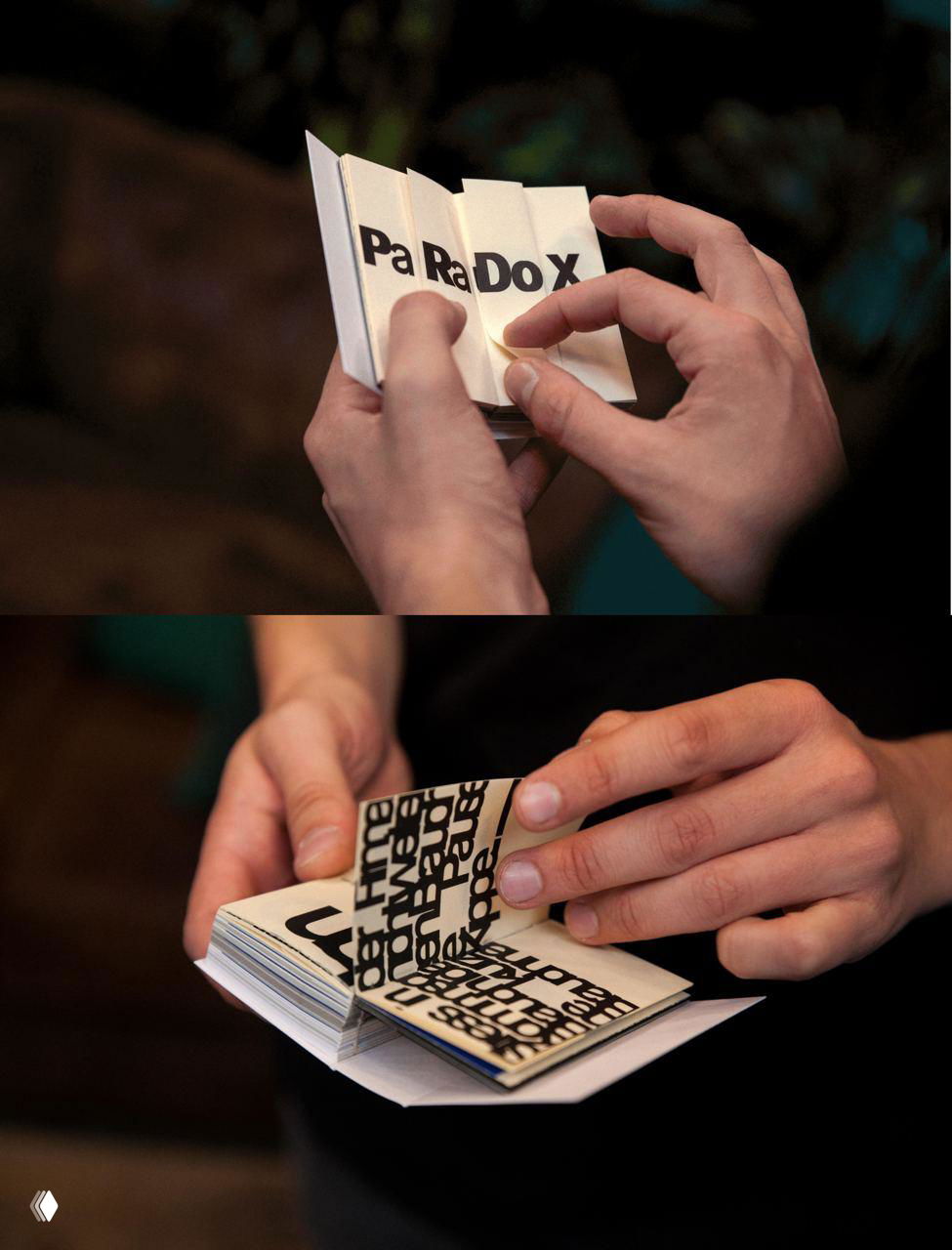 Серия кадров: мини‑книга вытаскивается из кармана и открывается; видно, как развороты складываются и проявляют типографические эксперименты.