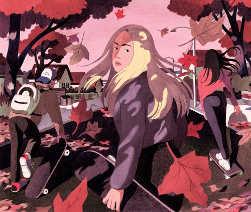 Группа подростков на скейтбордах среди опавших листьев; холодные тёплые тона и динамика композиции передают осеннее настроение.