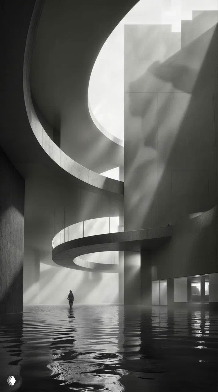 Архитектурная чёрно‑белая фотография интерьера с крупной спиральной рампой, небольшим силуэтом человека и отражениями на воде.