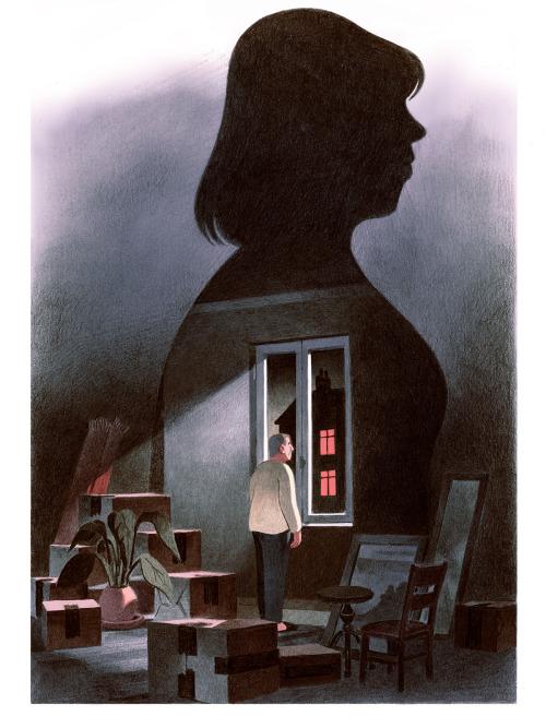 Силуэт женщины-головы как композиционный фон; внутри силуэта — человек у окна и пустая комната, мягкие тени и меланхоличная атмосфера.