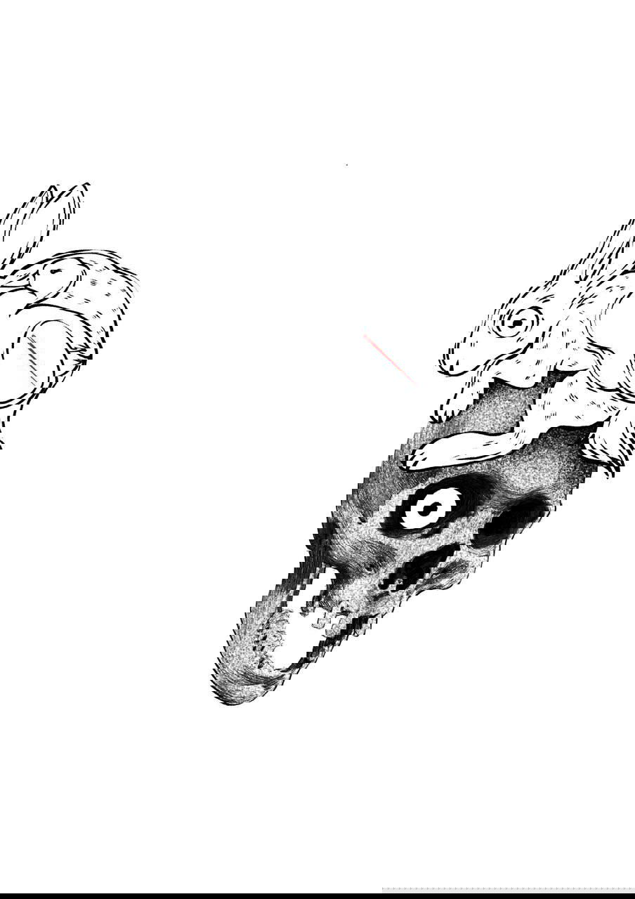 Графический эскиз: человеческий череп с усевшимся сверху зайцем, детальная штриховка, сочетание мрачной символики и народной стилизации