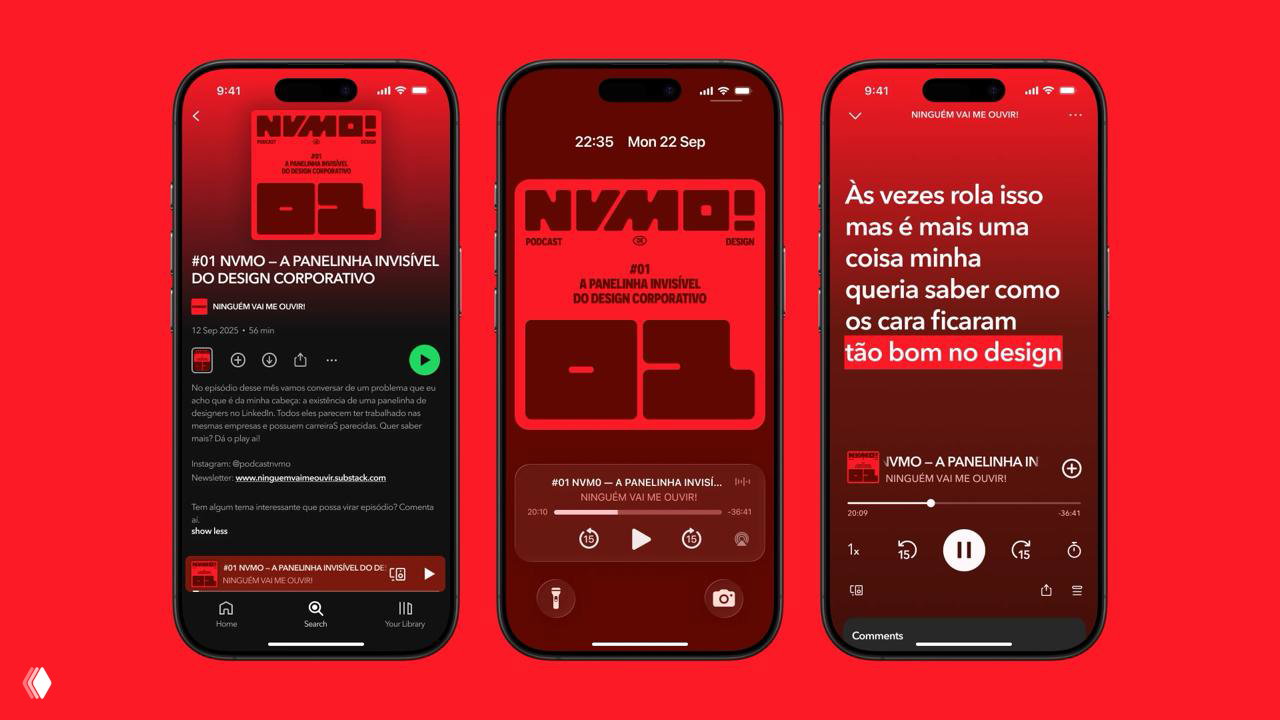Три мокапа смартфонов на насыщенно-красном фоне: плеер подкаста, обложка эпизода и крупный типографический текст, показывающие мобильную адаптацию айдентики и интерфейсные решения.
