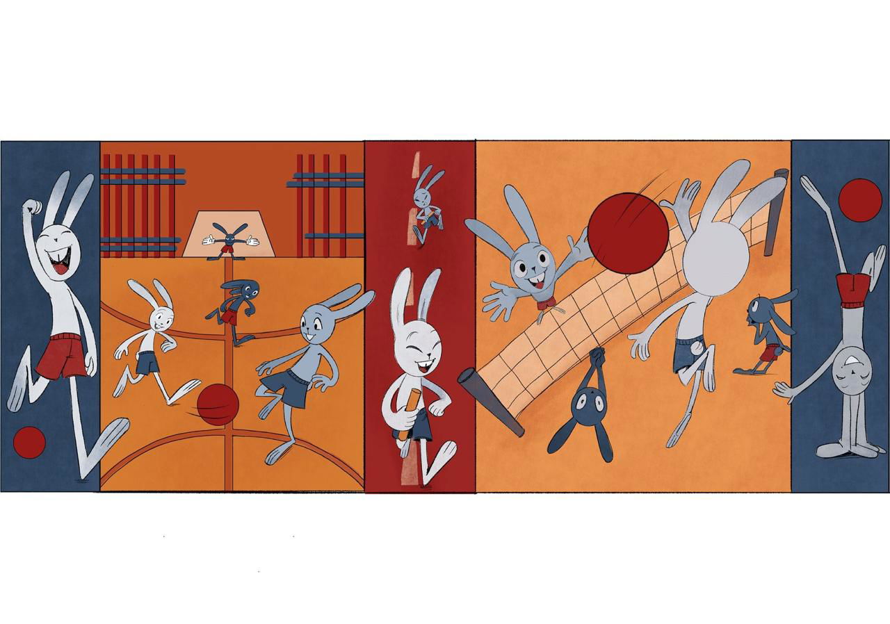 Панорамное панно в тёплых оранжево‑красных тонах: зайцы играют в спортивном пространстве, композиция для оформления холла или спортзала школы.