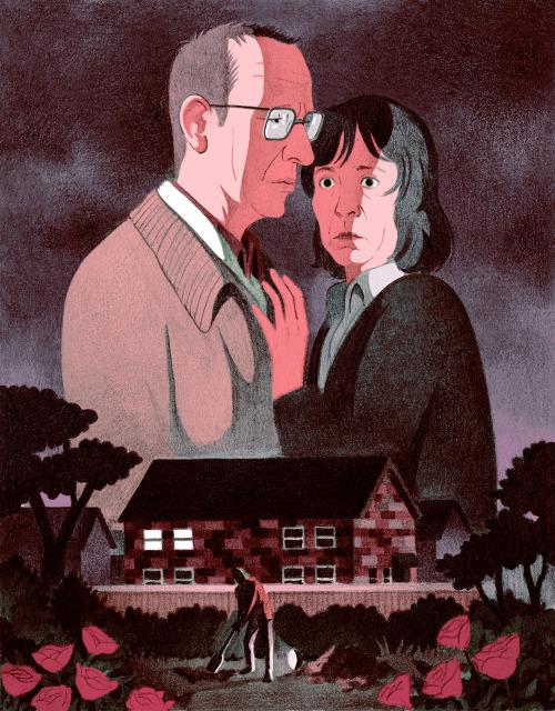 Иллюстрация пожилой пары и дом внизу; мягкая цветовая гамма и напряжённое выражение лиц создают сюжетную загадку.