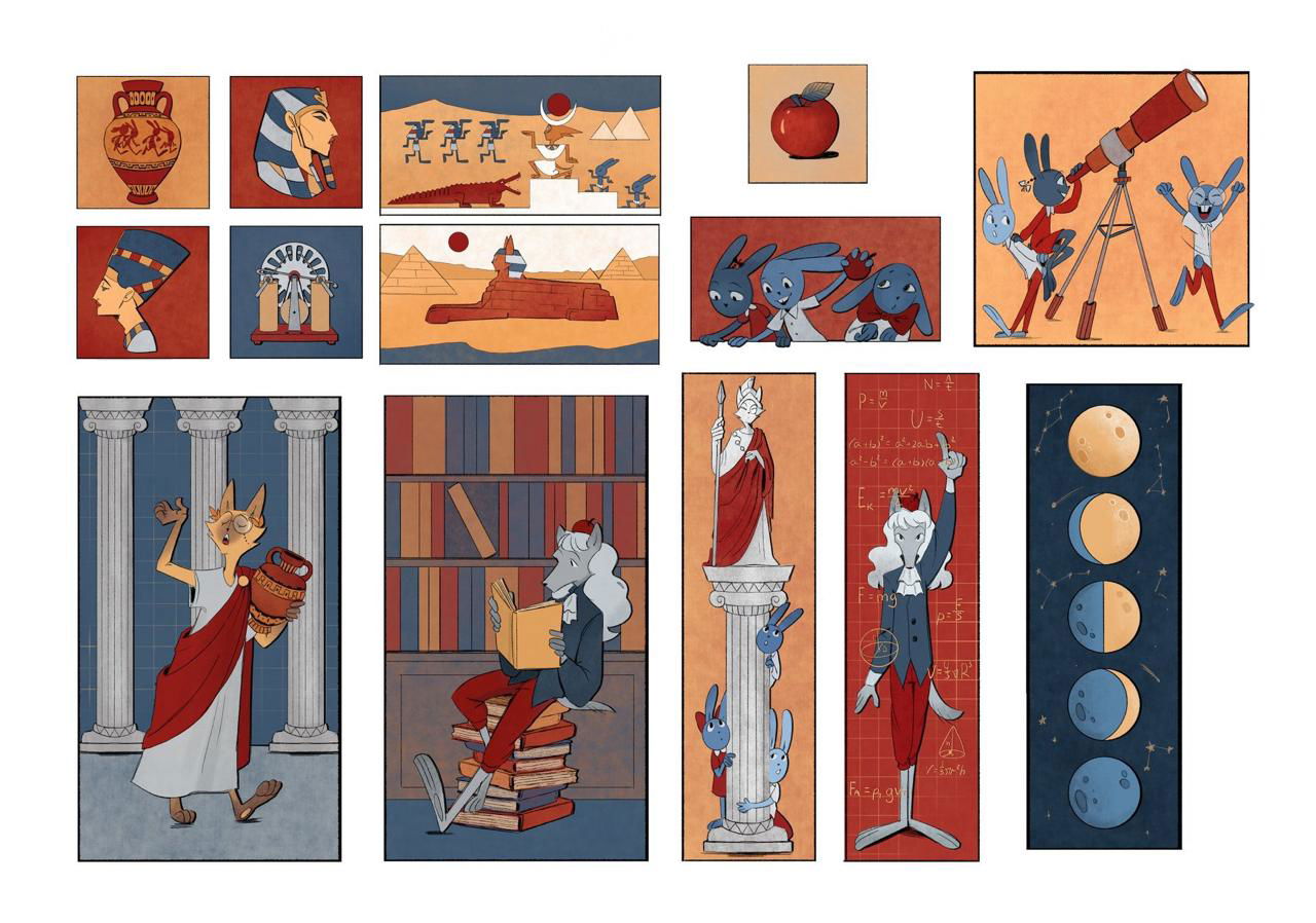 Подборка модульных иллюстраций: маленькие квадраты и прямоугольники с историческими и научными мотивами, книги и астрономия, примеры для разных предметов.