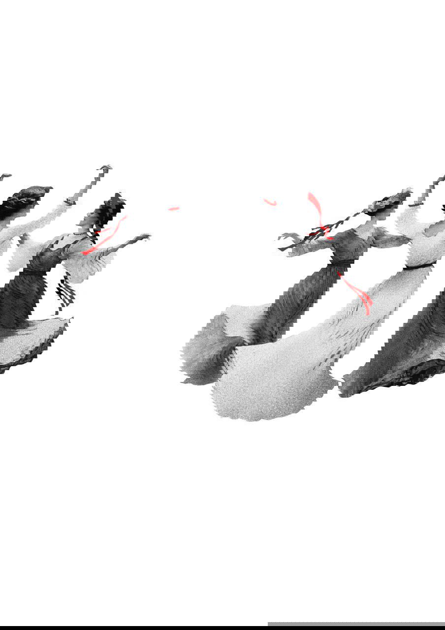 Эскиз трёх танцующих женщин в платьях, ритмичная композиция, вдохновение народными плясками, чёрно‑белая штриховка с красными деталями