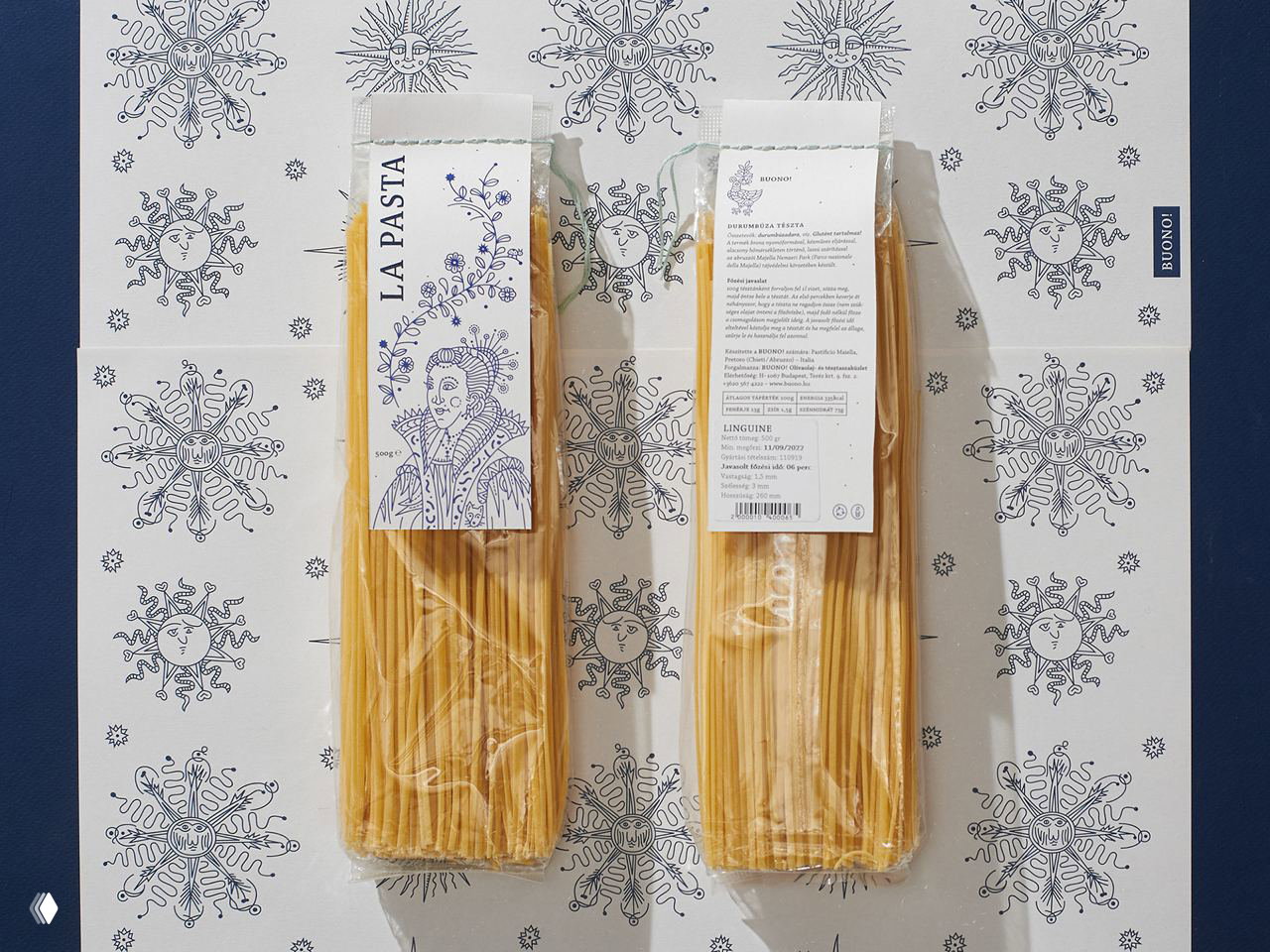 Две пачки длинной пасты на фоне листов с повторяющимися линейными солнечными орнаментами — показ модульного паттерна для упаковки Buono.