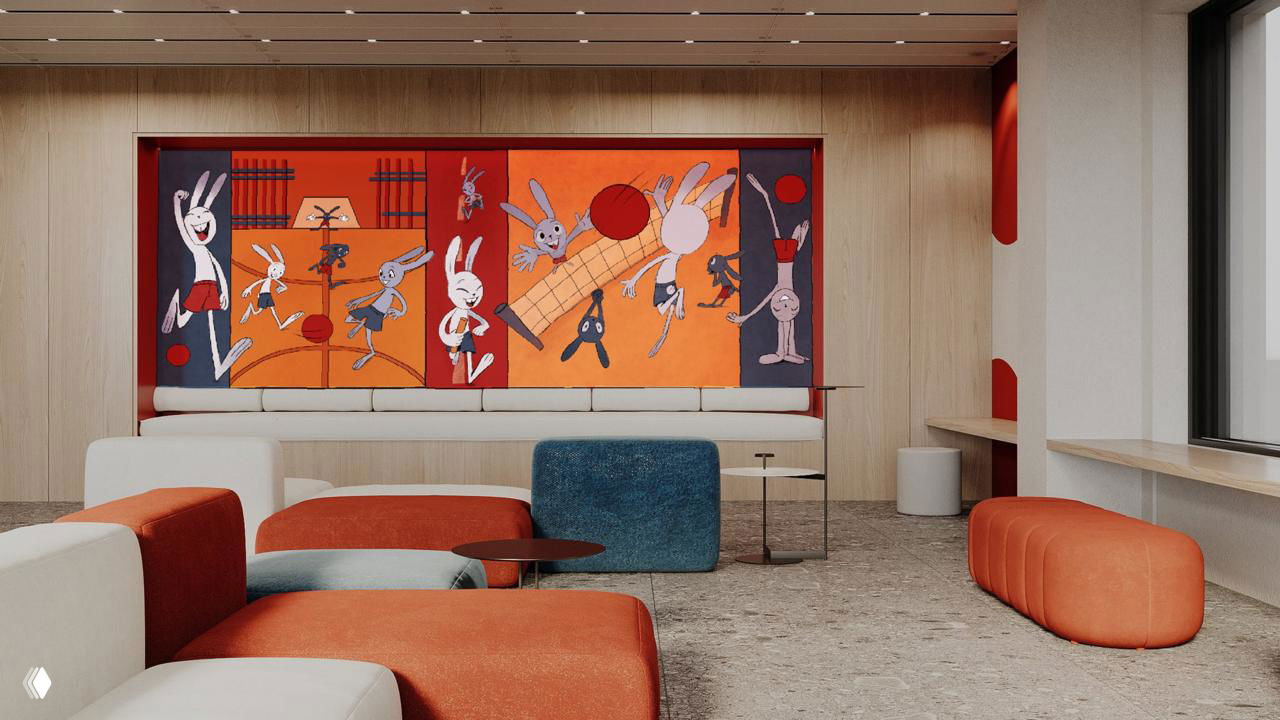 Рендер интерьера с крупным настенным панно: красно‑оранжевые модули с зайцами, размещение над диванной зоной в учебном центре или холле школы.