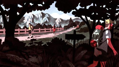 Пешеходы на лесной тропе на фоне гор; спокойная композиция в приглушённых розовых и зелёных тонах с лёгкой ретро-эстетикой.