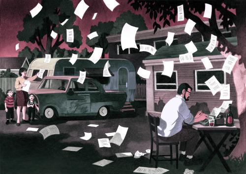 Человек работает за столом на открытом воздухе, вокруг летят листы бумаги; иллюстрация о творческом хаосе и меланхолии.