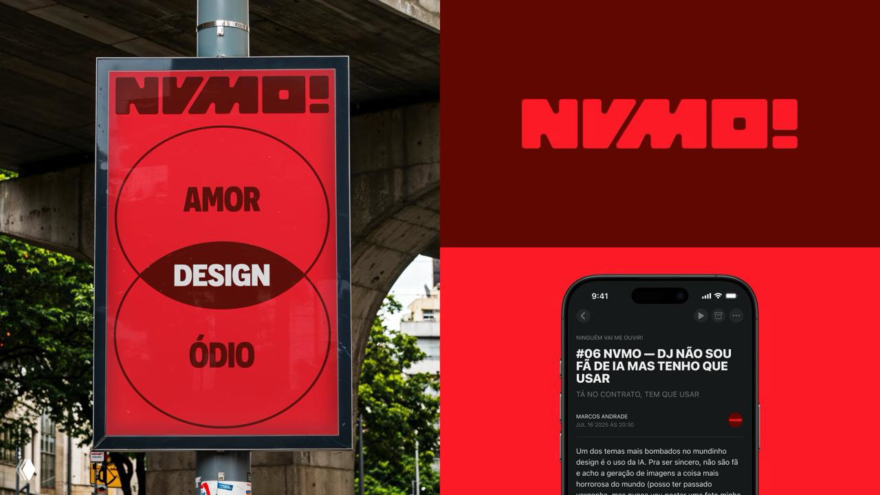 Коллаж макетов: уличный постер с Venn‑диаграммой 'AMOR / DESIGN / ÓDIO' и мобильные скриншоты — демонстрация брендинга в цифровых и офлайн-носителях с акцентом на контраст и иронию названия.