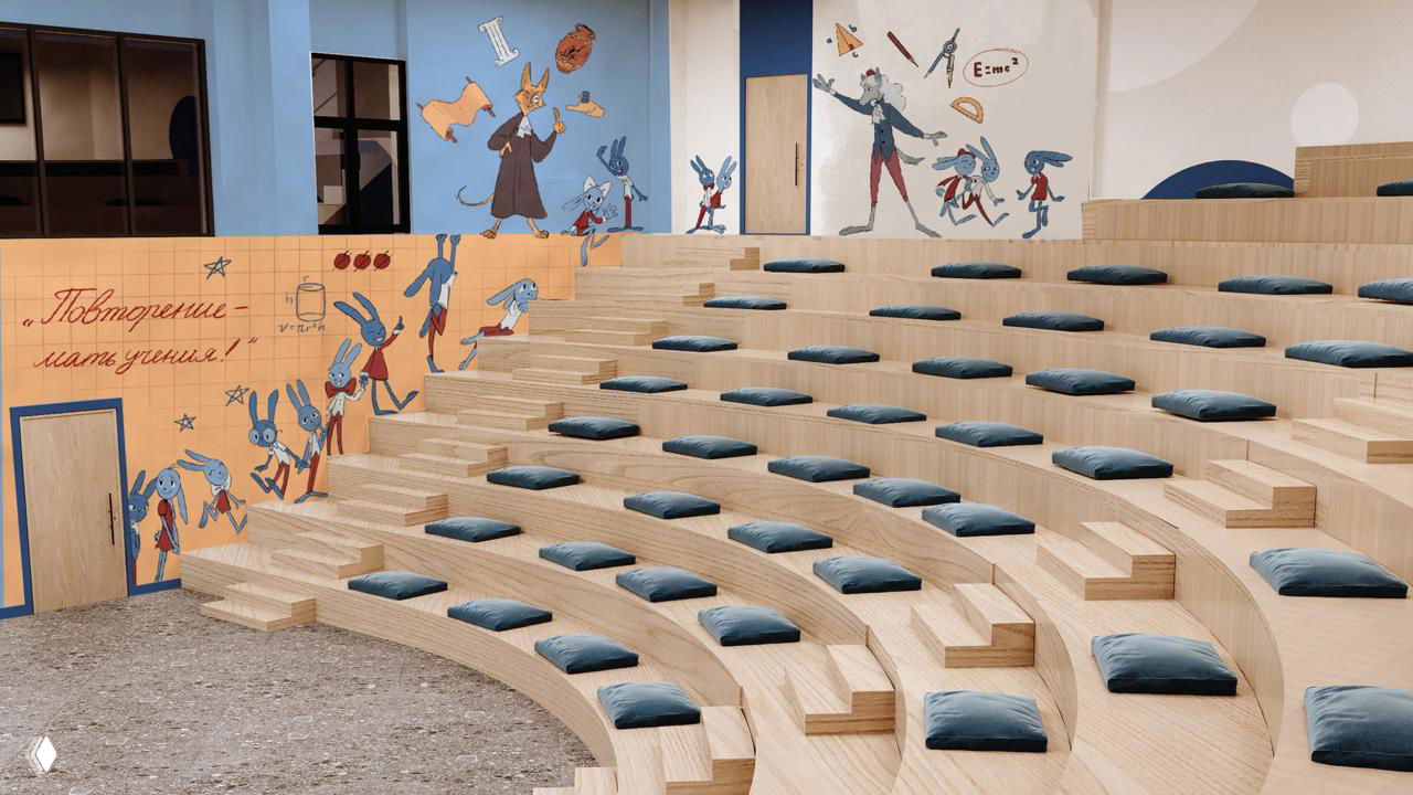 Актовый зал или амфитеатр с росписью на стенах: повторяющиеся персонажи вдоль трибун, декоративные элементы и надпись в стиле школьной тематики.