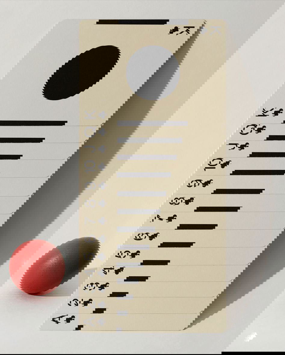 Минималистичная вертикальная карта с графическими полосами и крупным чёрным кругом, рядом маленький красный шар — демонстрация альтернативного дизайна рубашки карты.