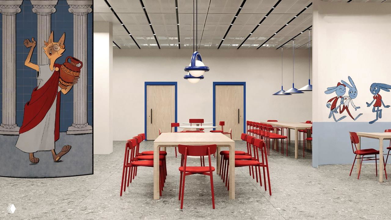Интерьер учебной столовой с росписью: колонна с персонажем в античном костюме и настенные иллюстрации зайцев, комбинированная цветовая схема.