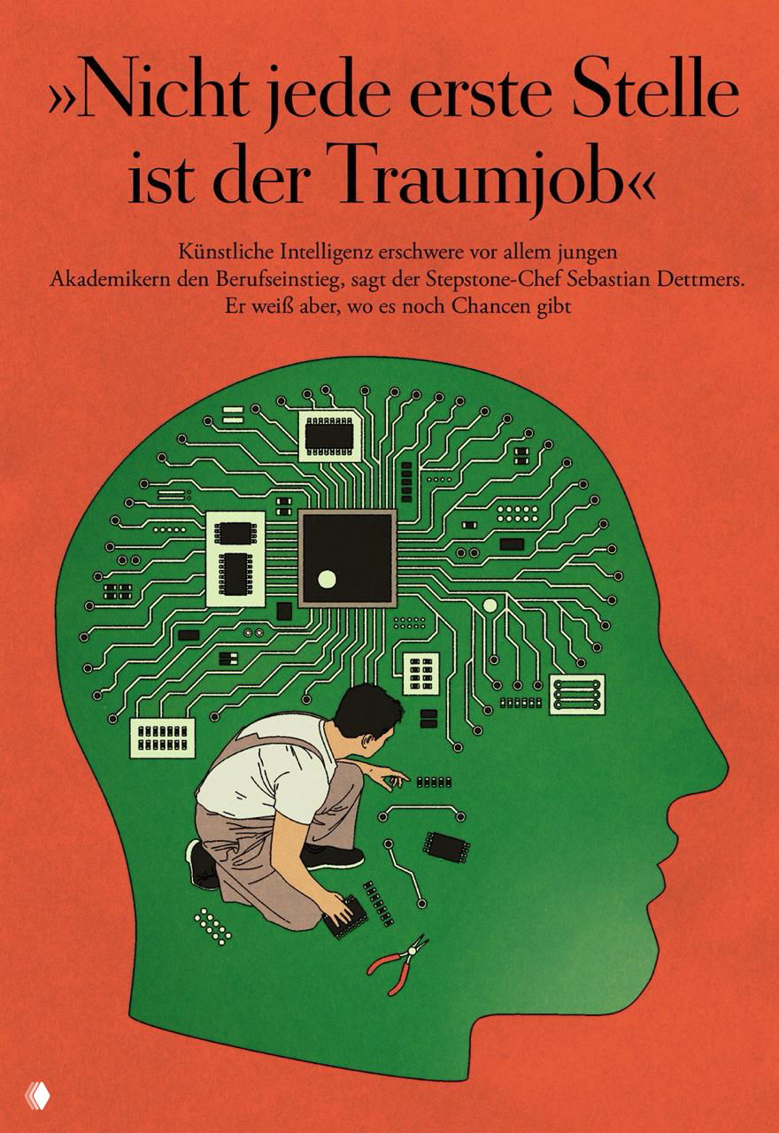 Иллюстрация с силуэтом головы, превращённой в плату с микросхемами; внутри человек чинит электронику — метафора технологий и рынка труда в аккуратной графической манере.