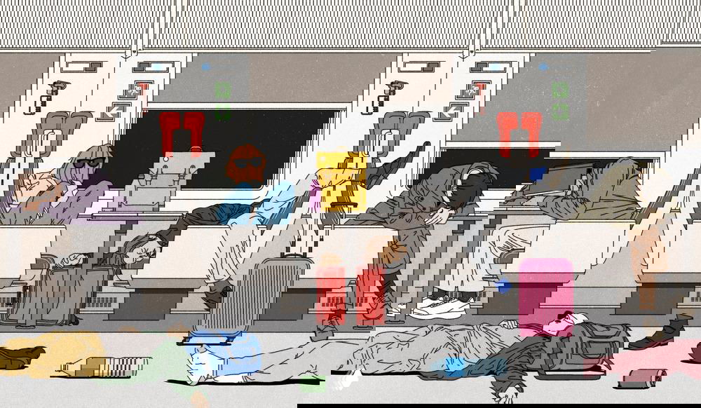 Сцена в вагоне поезда: люди спят и лежат, вещи раскиданы по полу; детально прорисованные персонажи и предметы, спокойная цветовая гамма, подчёркнутая геометрия интерьера.