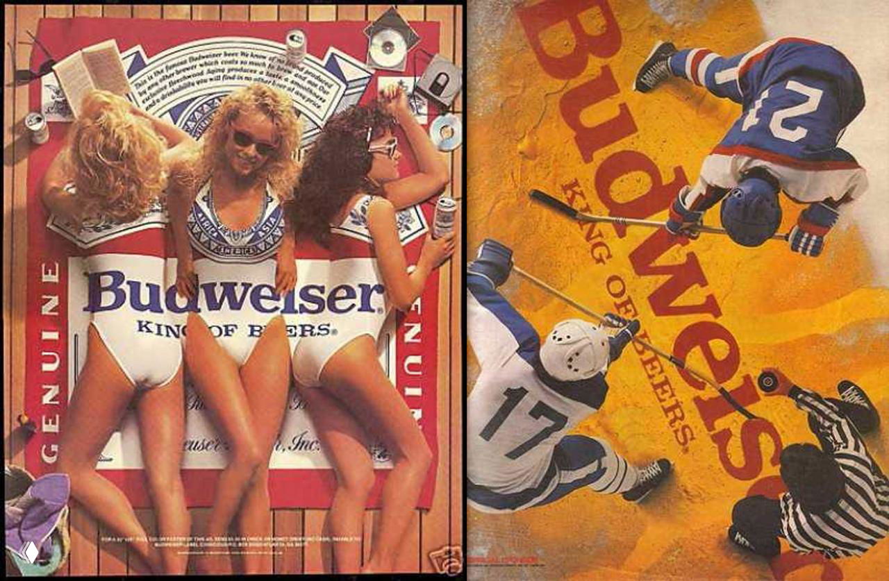 Двойная реклама Budweiser: слева три девушки в купальниках на фоне упаковки пива, справа спортивная хоккейная сцена — винтаж 80‑х.