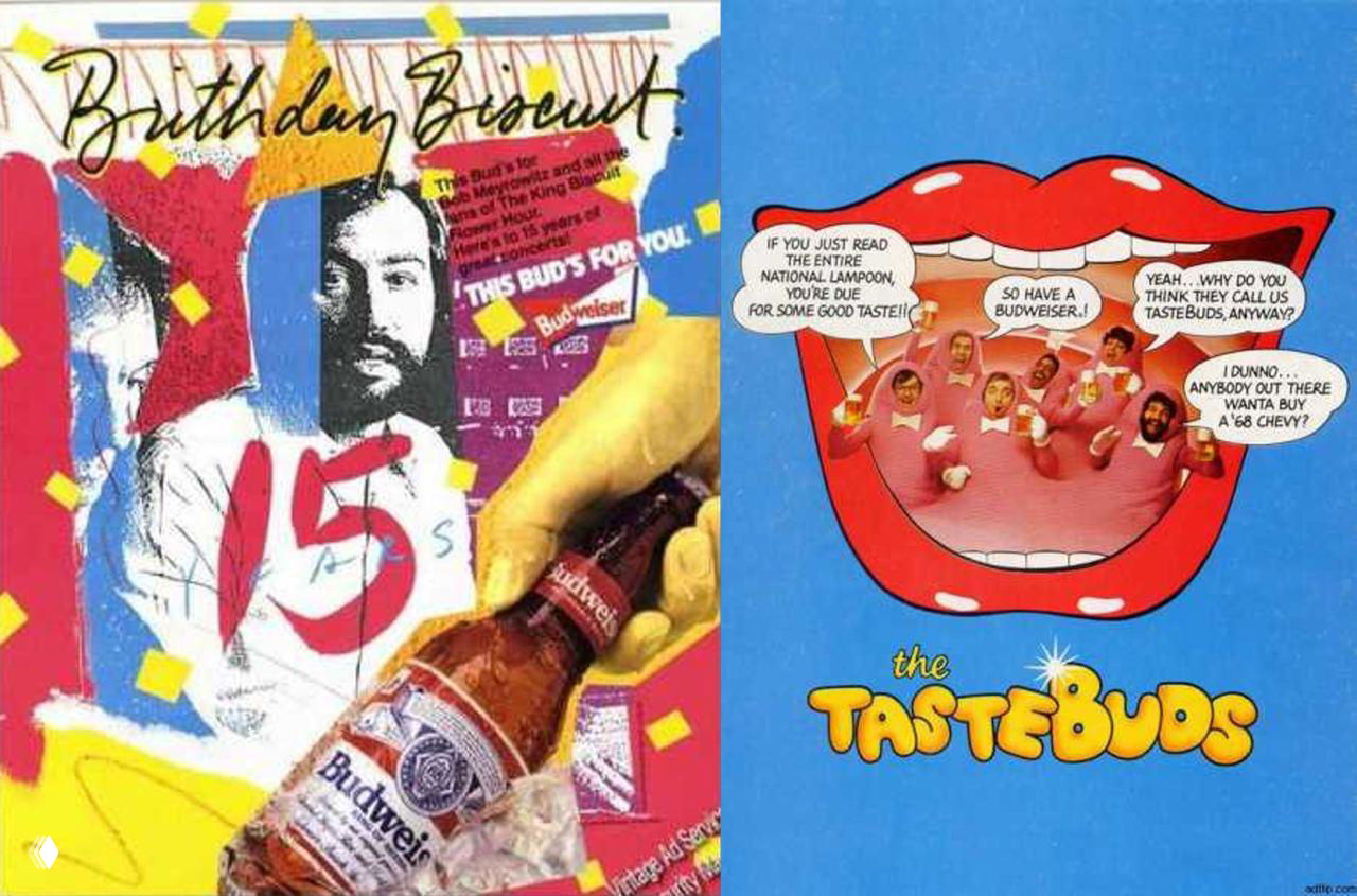 Коллажные объявления Budweiser с яркими графическими элементами: обложки, бутылка в руках и комикс‑стиль «TasteBuds», 1980‑е.