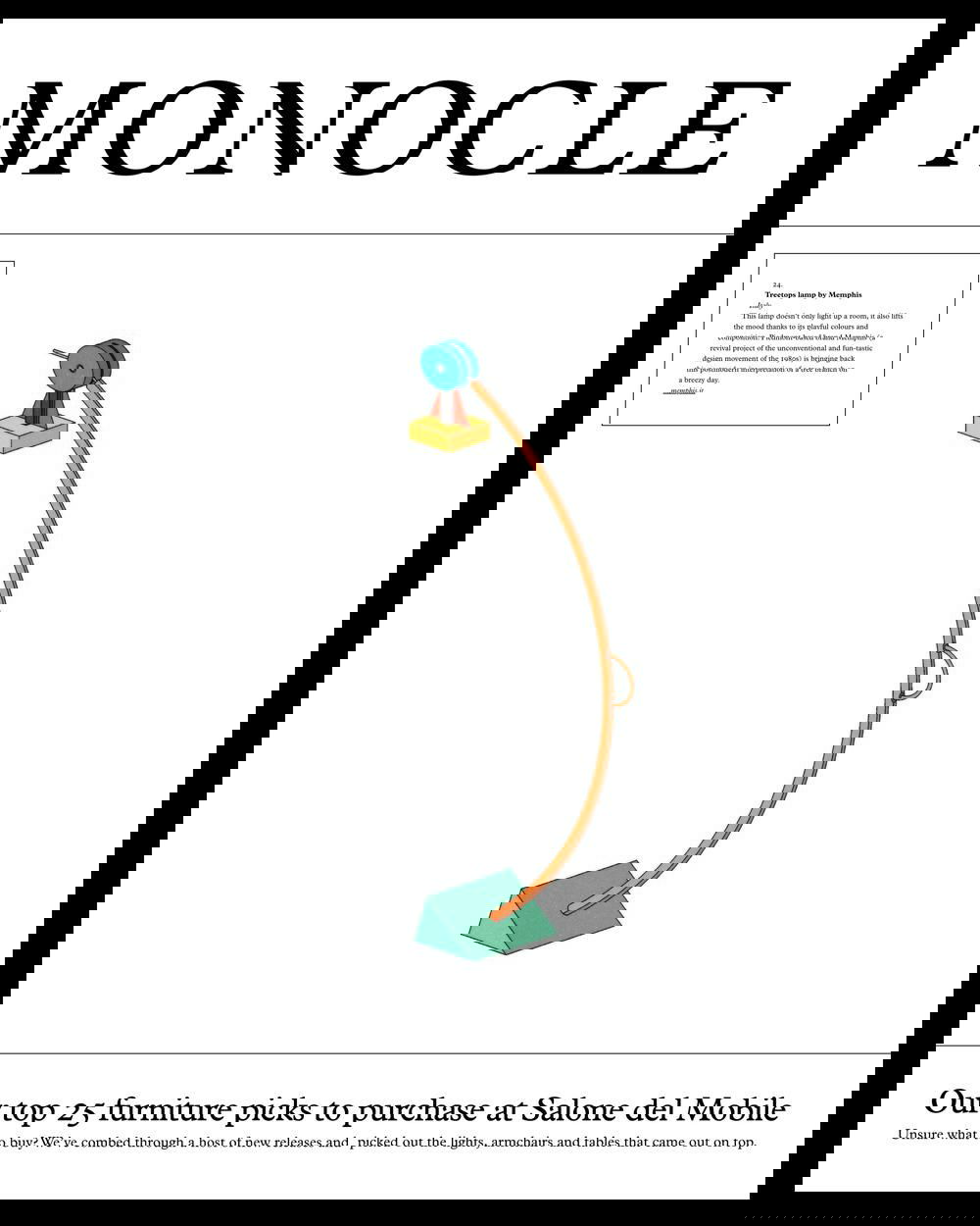 Минималистичная обложка Monocle: на белом фоне стилизованный предмет мебели; сдержанная палитра, точная линия и много пустого пространства в композиции.