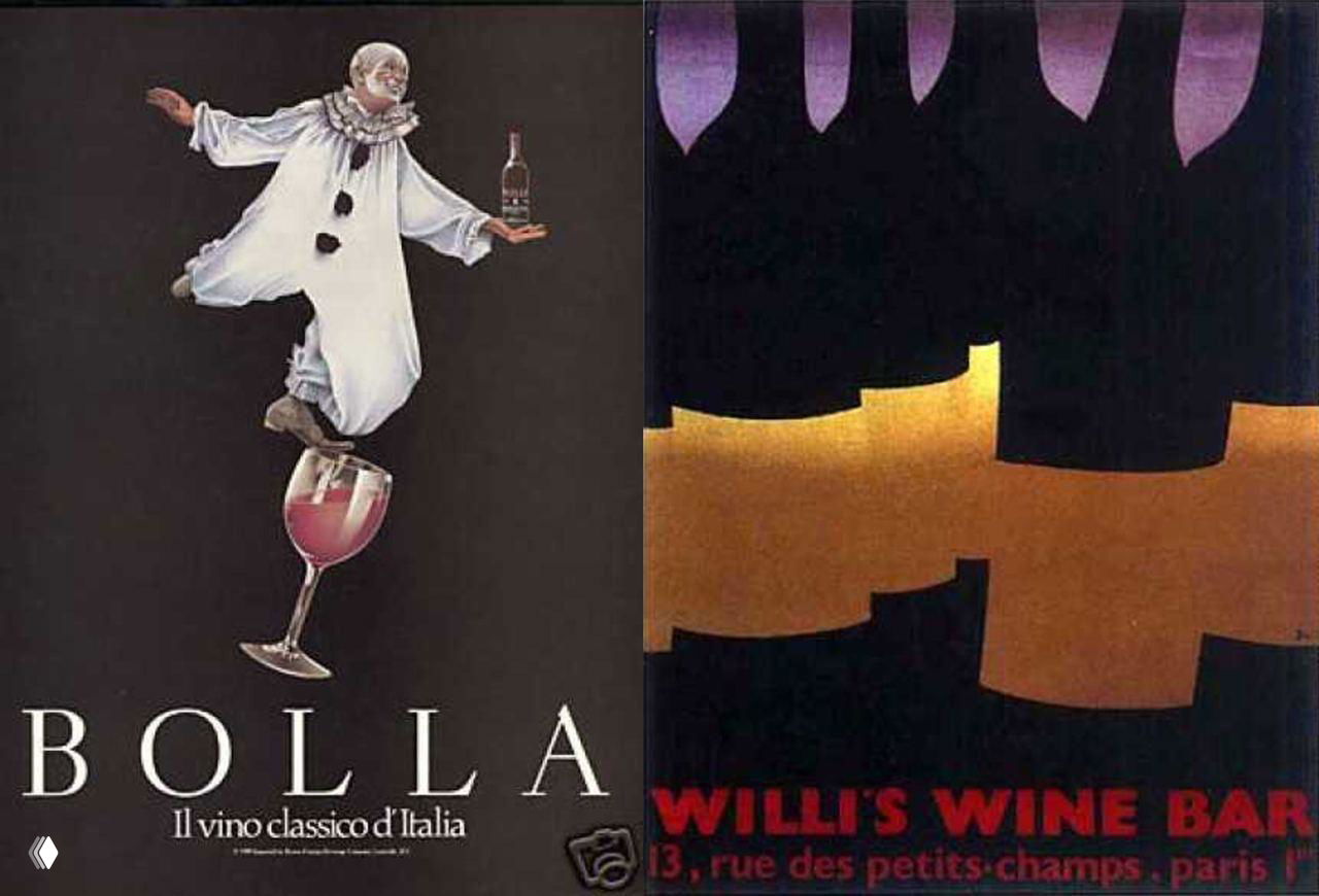 Ретро‑постеры вина: слева Bolla с артистической иллюстрацией, справа минималистичный плакат WILLI'S WINE BAR — классический 80‑й стиль.
