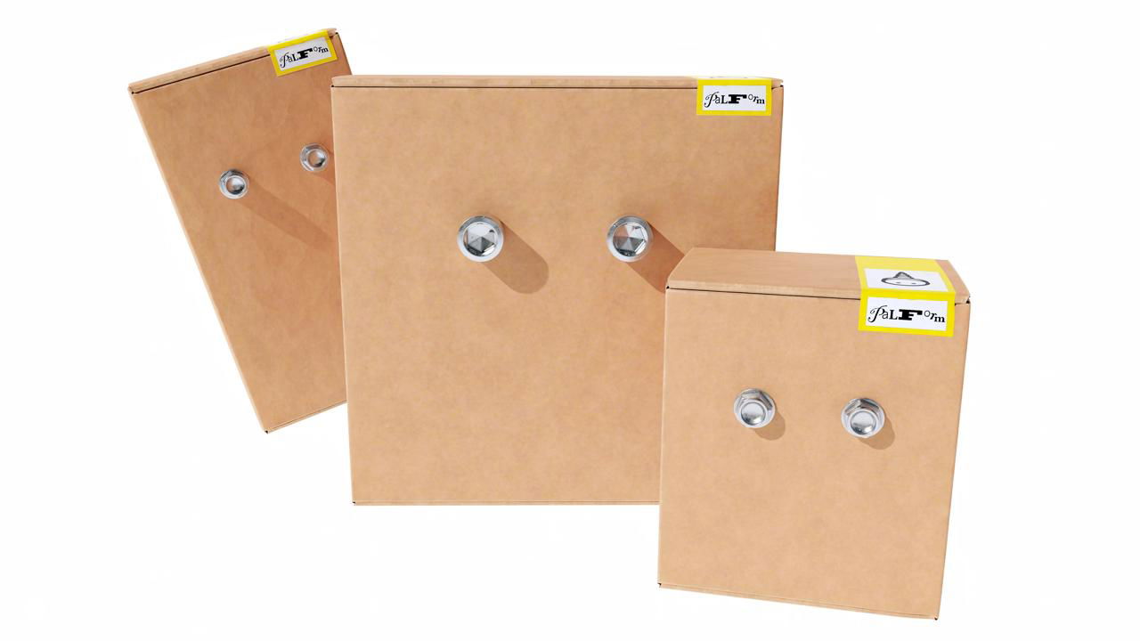 Коробки из крафт-кардбора с декоративными болтами в виде глаз — упаковка Palform в минималистичном индустриальном стиле.