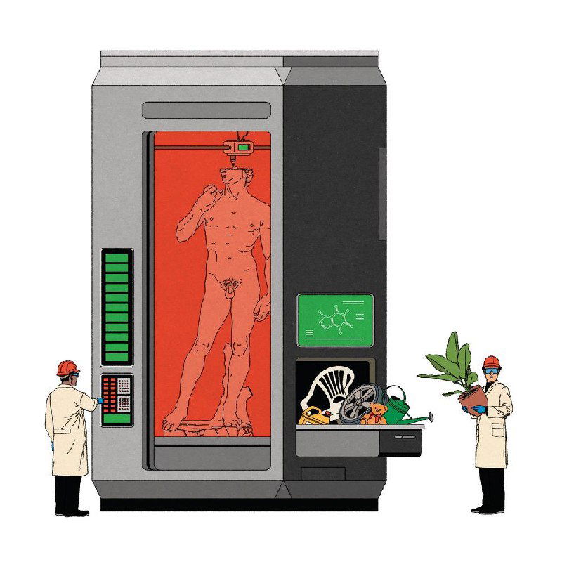 Иллюстрация с повторяющимися фигурными кадрами и стилизованными персонажами в ретро-линии; игра с формой и ритмом, характерная для редакционной графики Берниса.