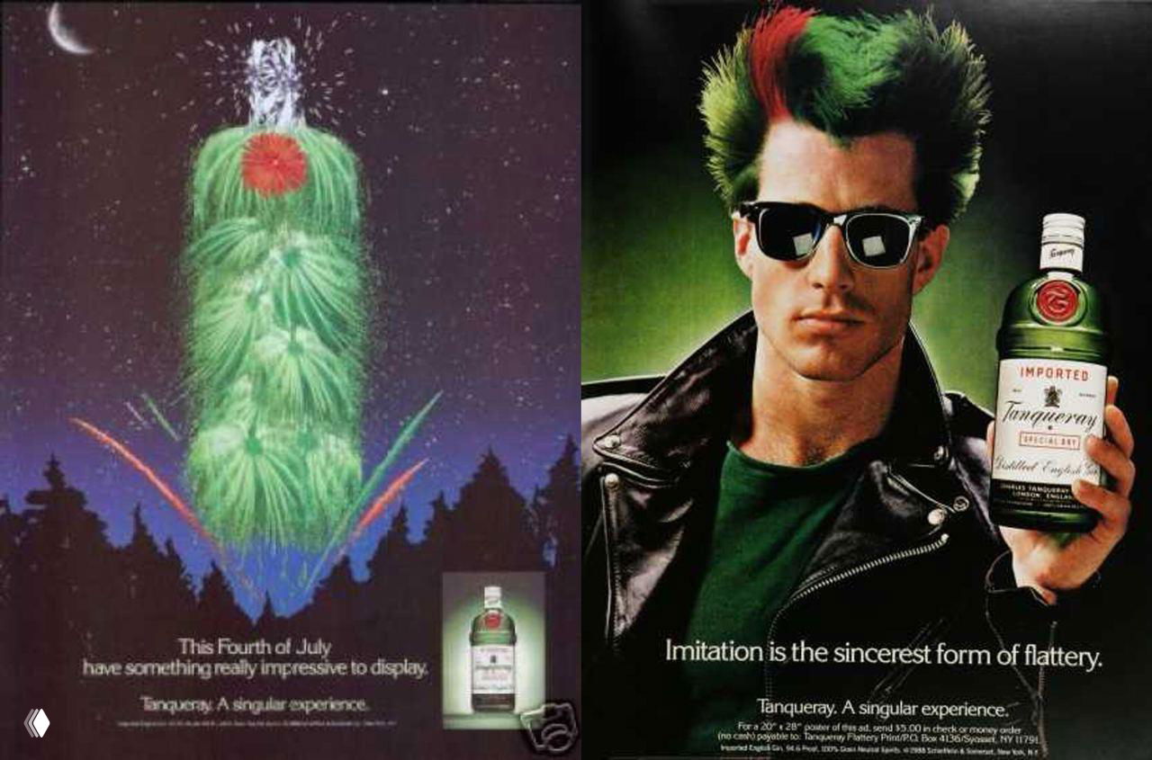 Рекламы Tanqueray: слева праздничная композиция с фейерверком в виде бутылки, справа мужчина в панк‑стиле рекламирует флакон — контрастный винтаж.