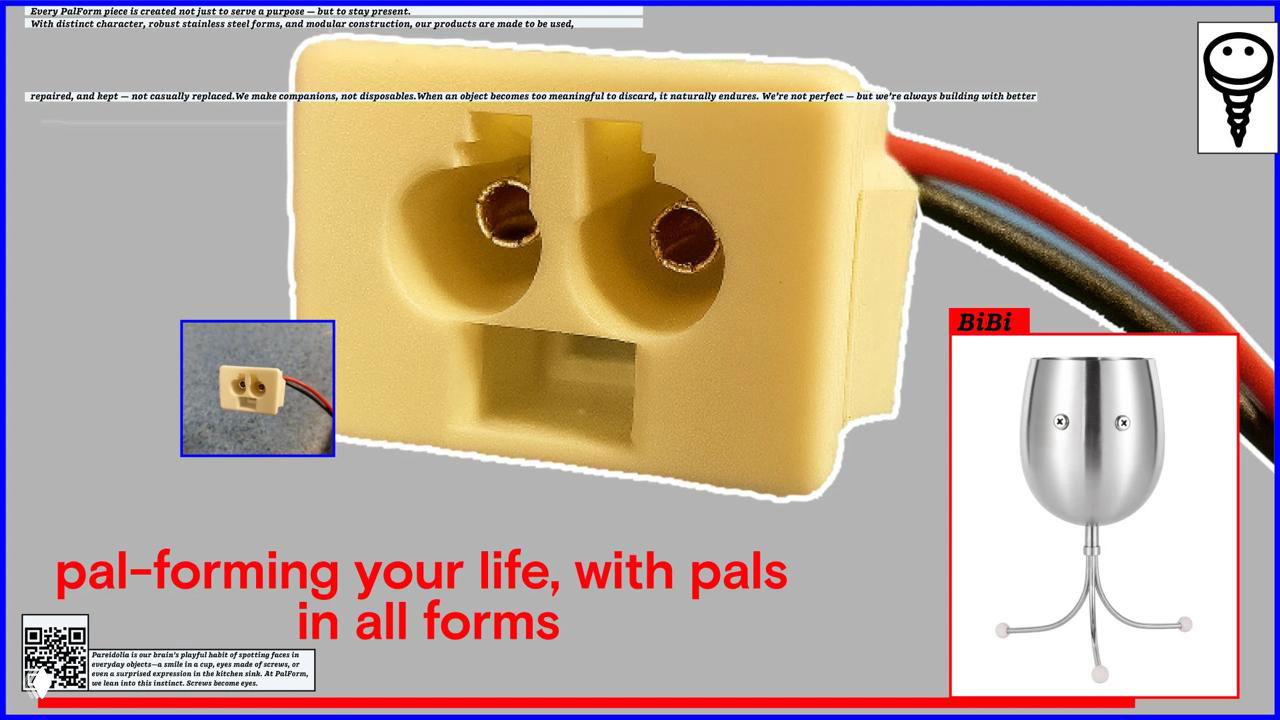 Крупный план пластмассового разъёма и миниатюрного изображения продукта; коллаж с подписью «pal-forming your life» и визуальными элементами бренда.